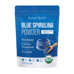 Sweet Spell front pouch of blue spirulina showing branding and vibrant color benefits