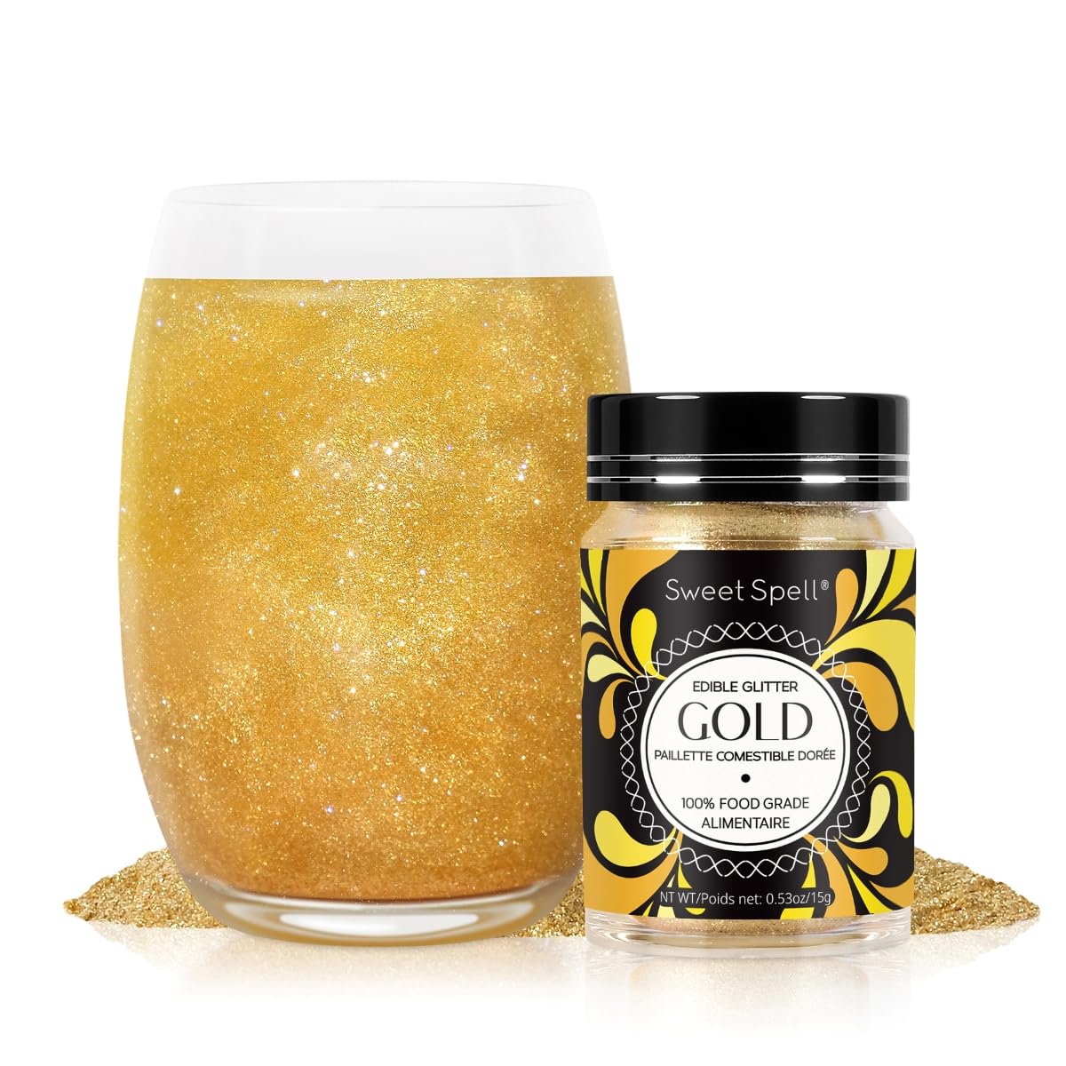 Sweet Spell bottle front view showing gold edible glitter branding and convenience