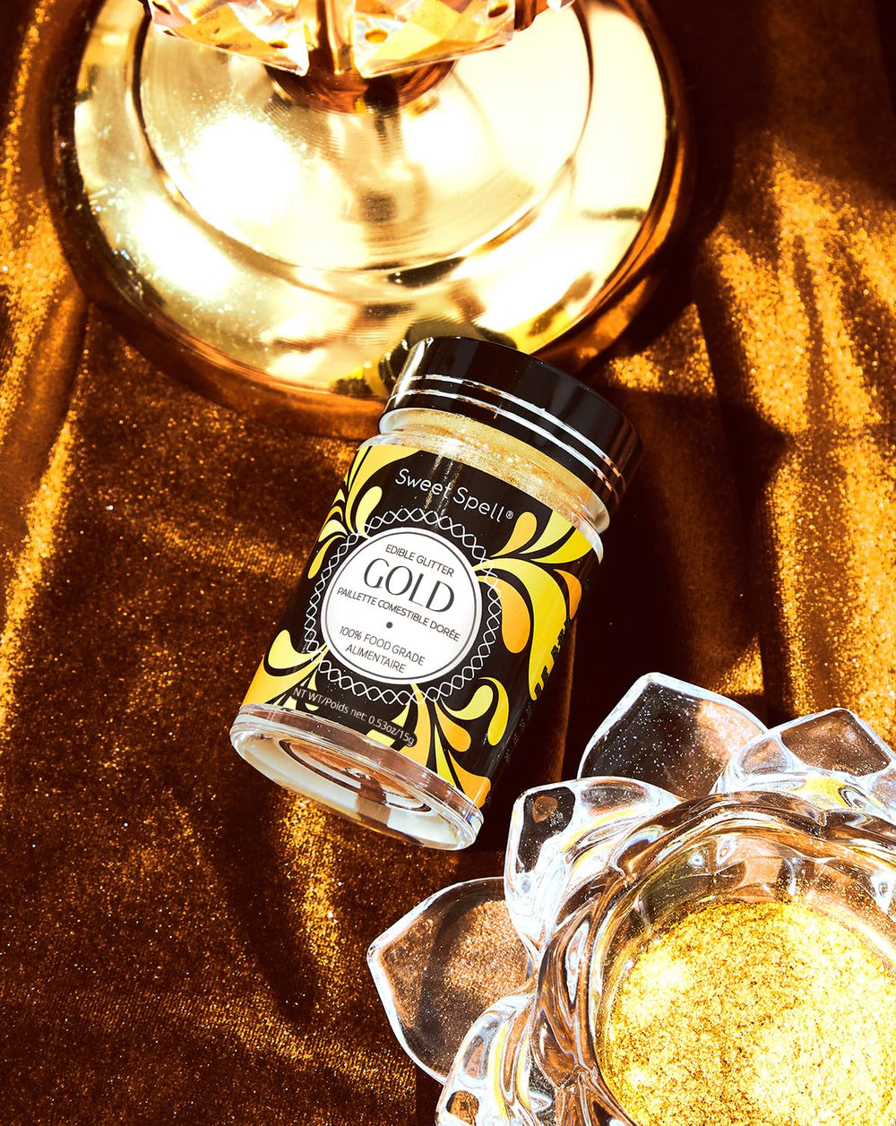 Sweet Spell close-up of fine gold glitter texture highlighting sparkle quality