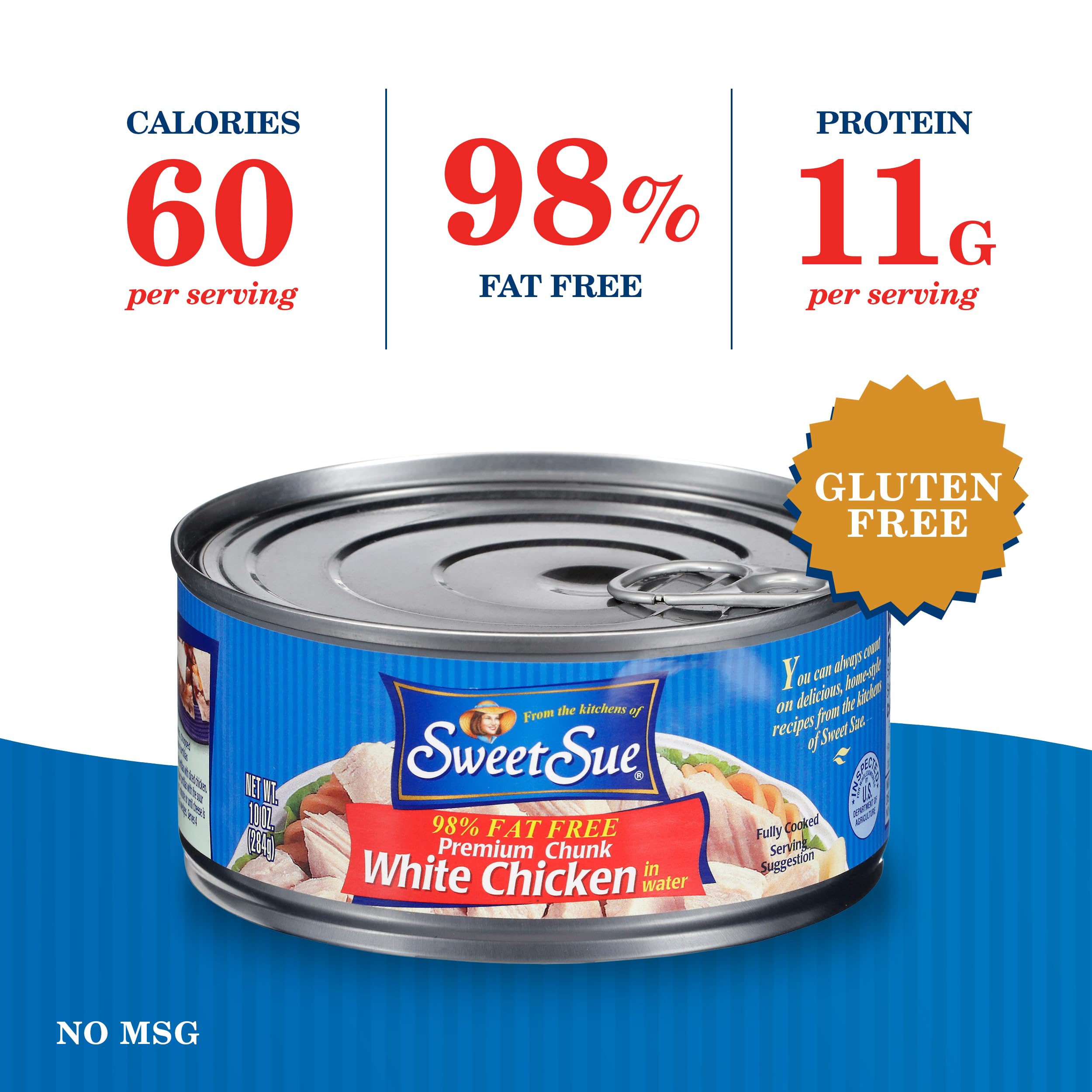 Sweet Sue open can with chicken chunks visible, showing ready-to-use protein