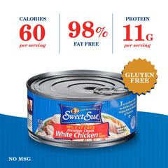 Sweet Sue open can with chicken chunks visible, showing ready-to-use protein