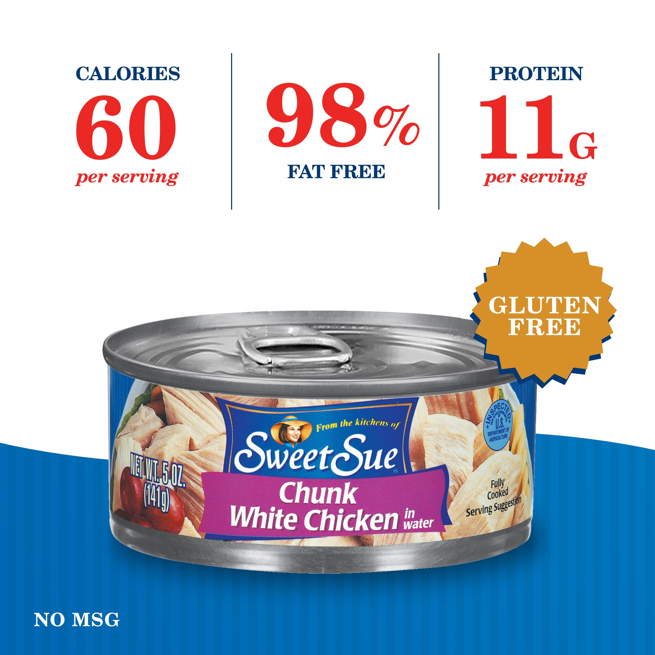 Sweet Sue open can displaying chunky chicken breast in water and easy-to-use portions