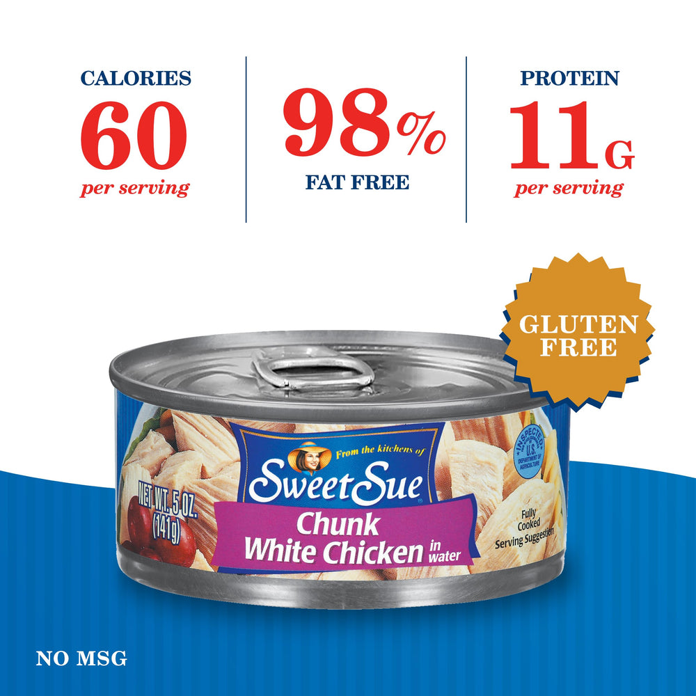 Sweet Sue open can displaying chunky chicken breast in water and easy-to-use portions
