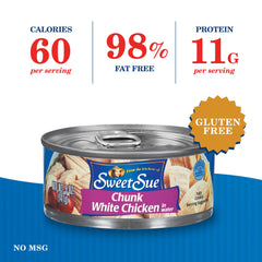 Sweet Sue open can displaying chunky chicken breast in water and easy-to-use portions