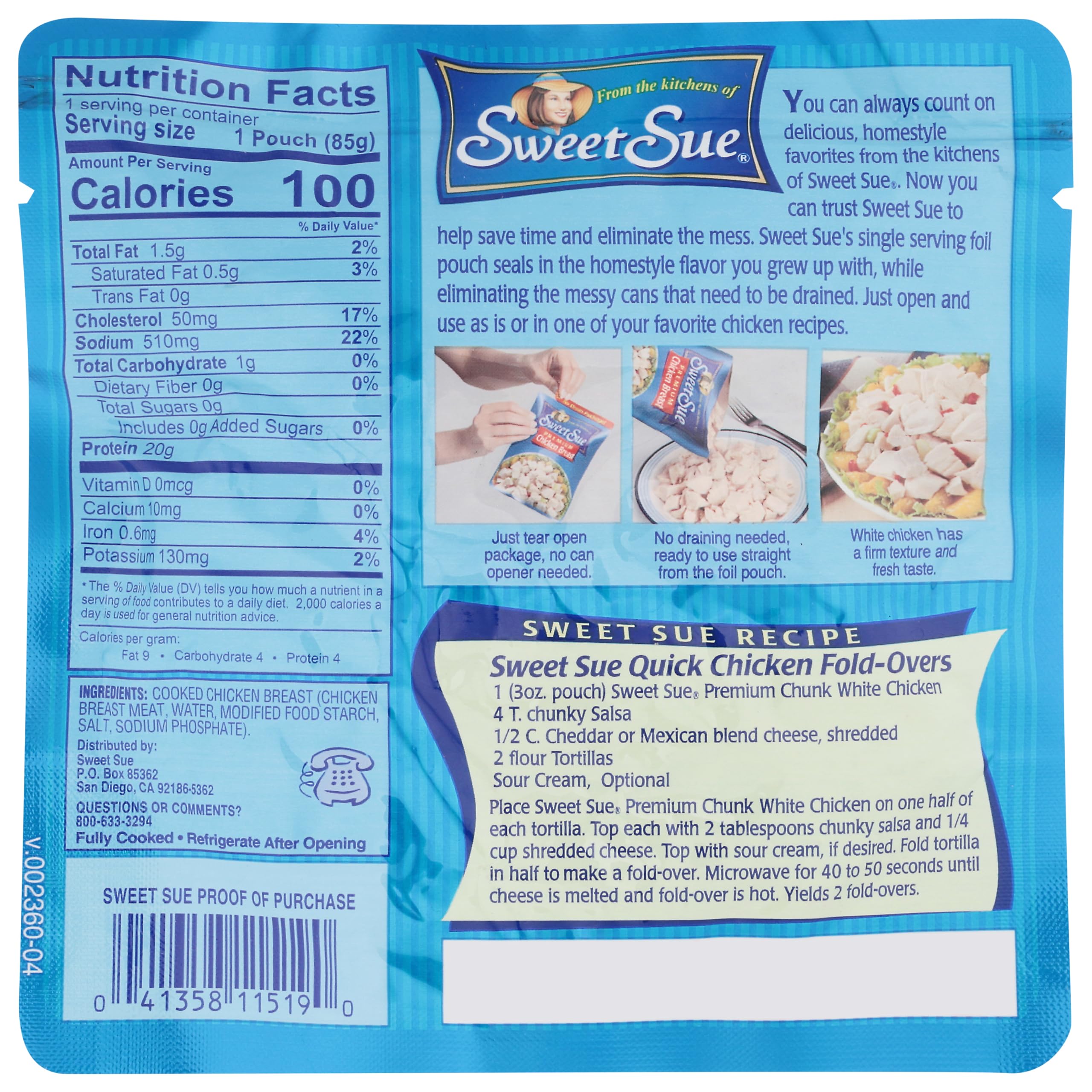 Sweet Sue pouch next to a hand showing 3 oz portion size