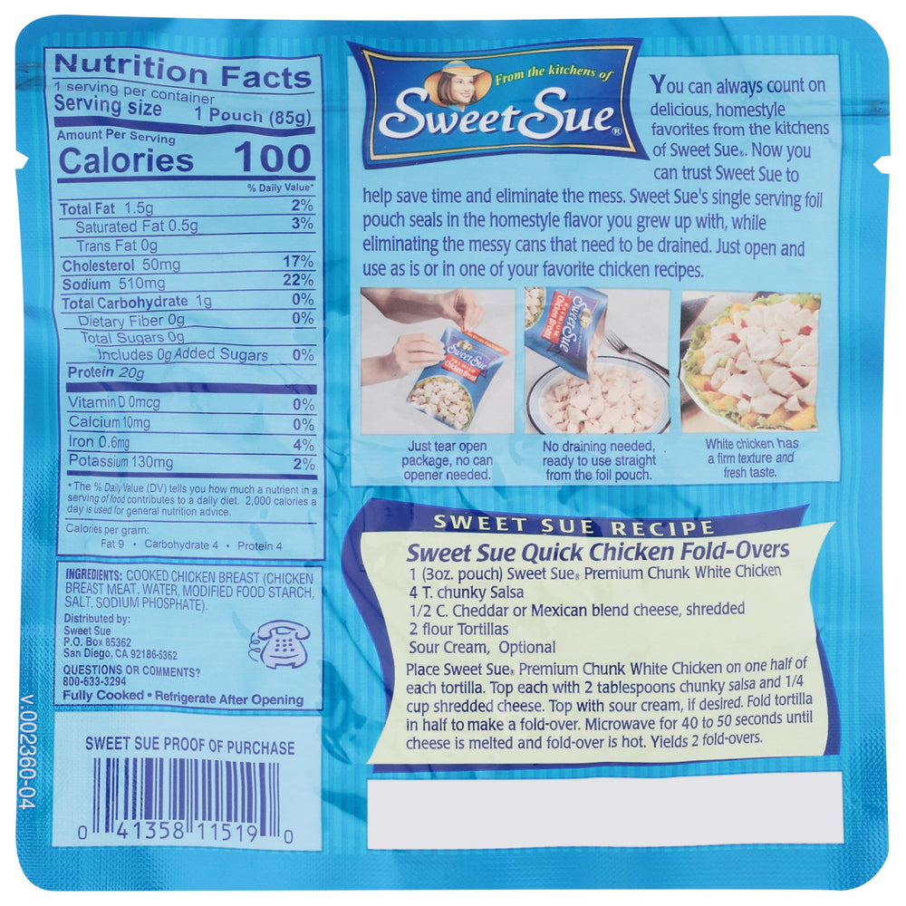 Sweet Sue pouch next to a hand showing 3 oz portion size