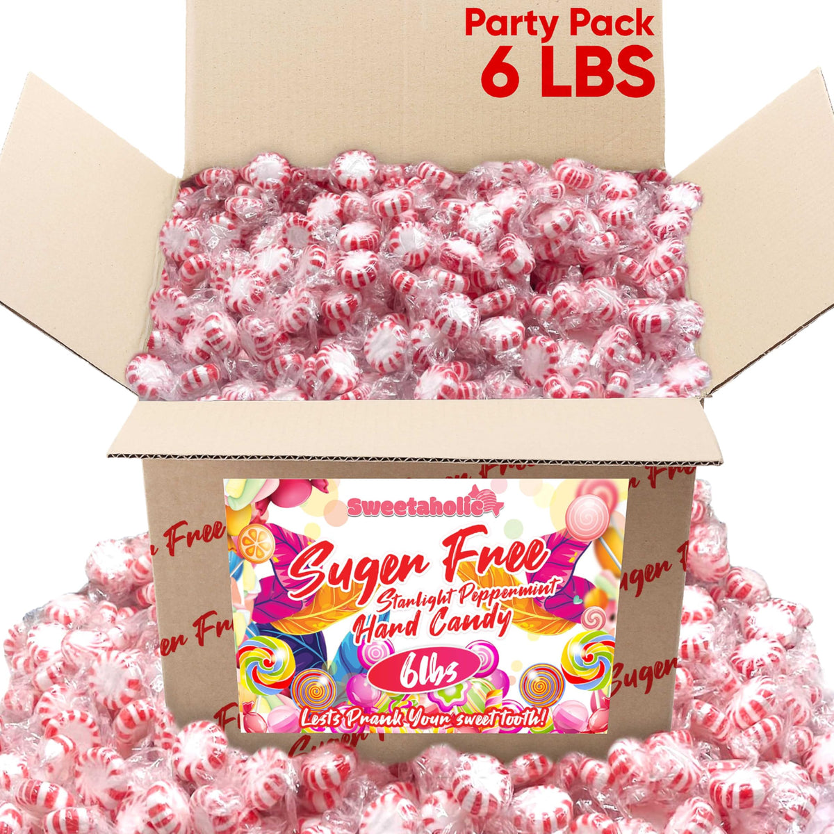 Sweetaholic front packaging showing the 6-pound bulk peppermint carton and brand clarity