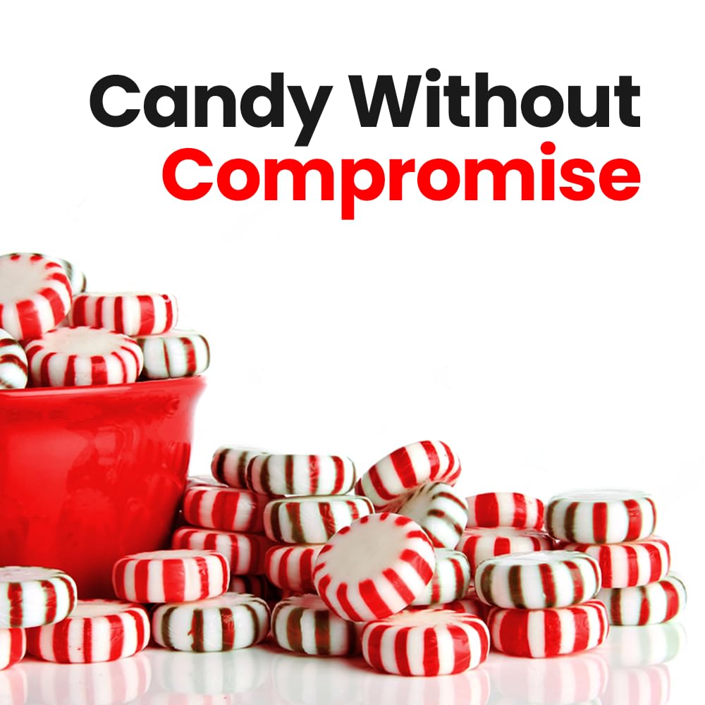 Hand holding a Sweetaholic peppermint disc to show individual piece scale and portability