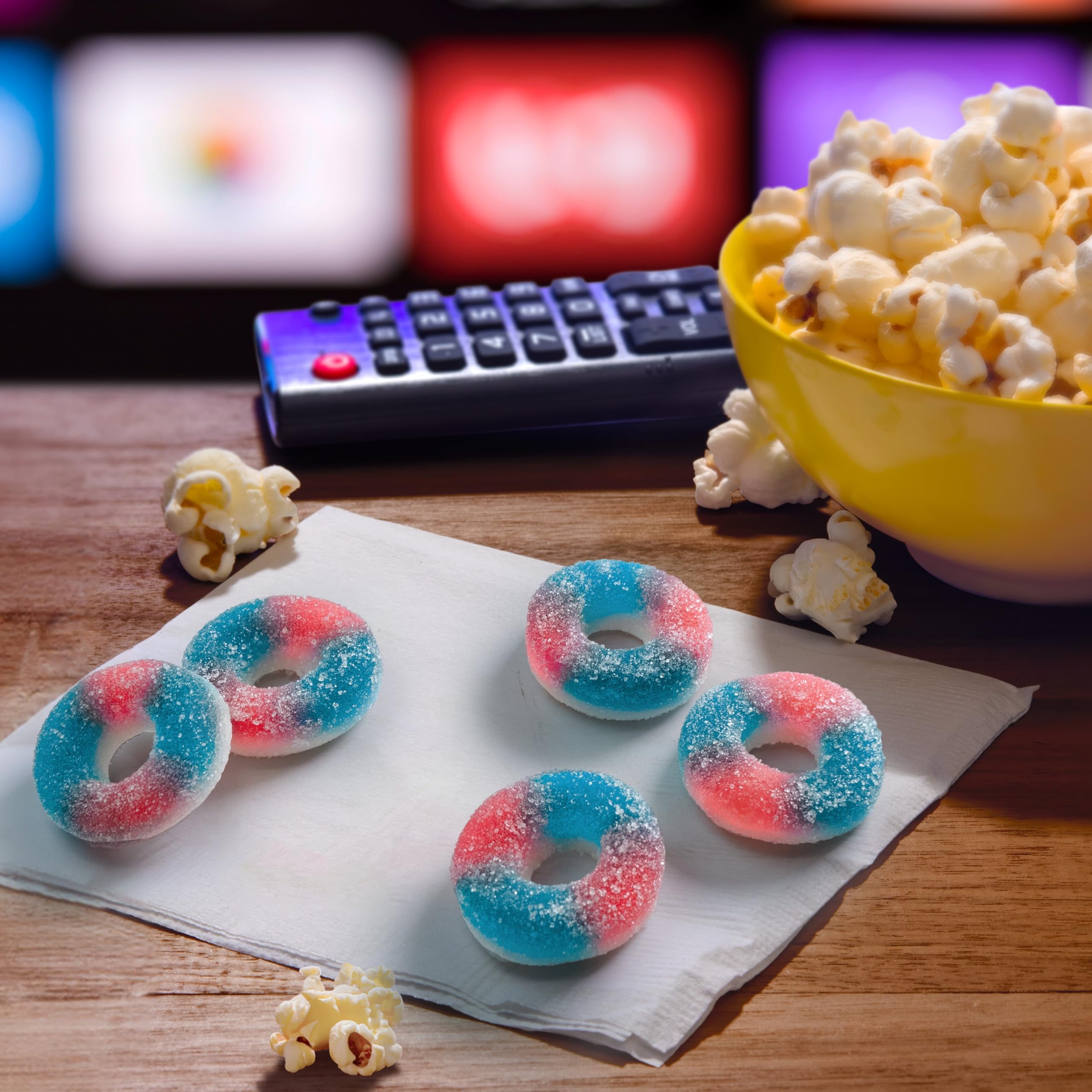SweeTARTS flavor pairing display of blue punch and strawberry cream rings highlighting dual taste