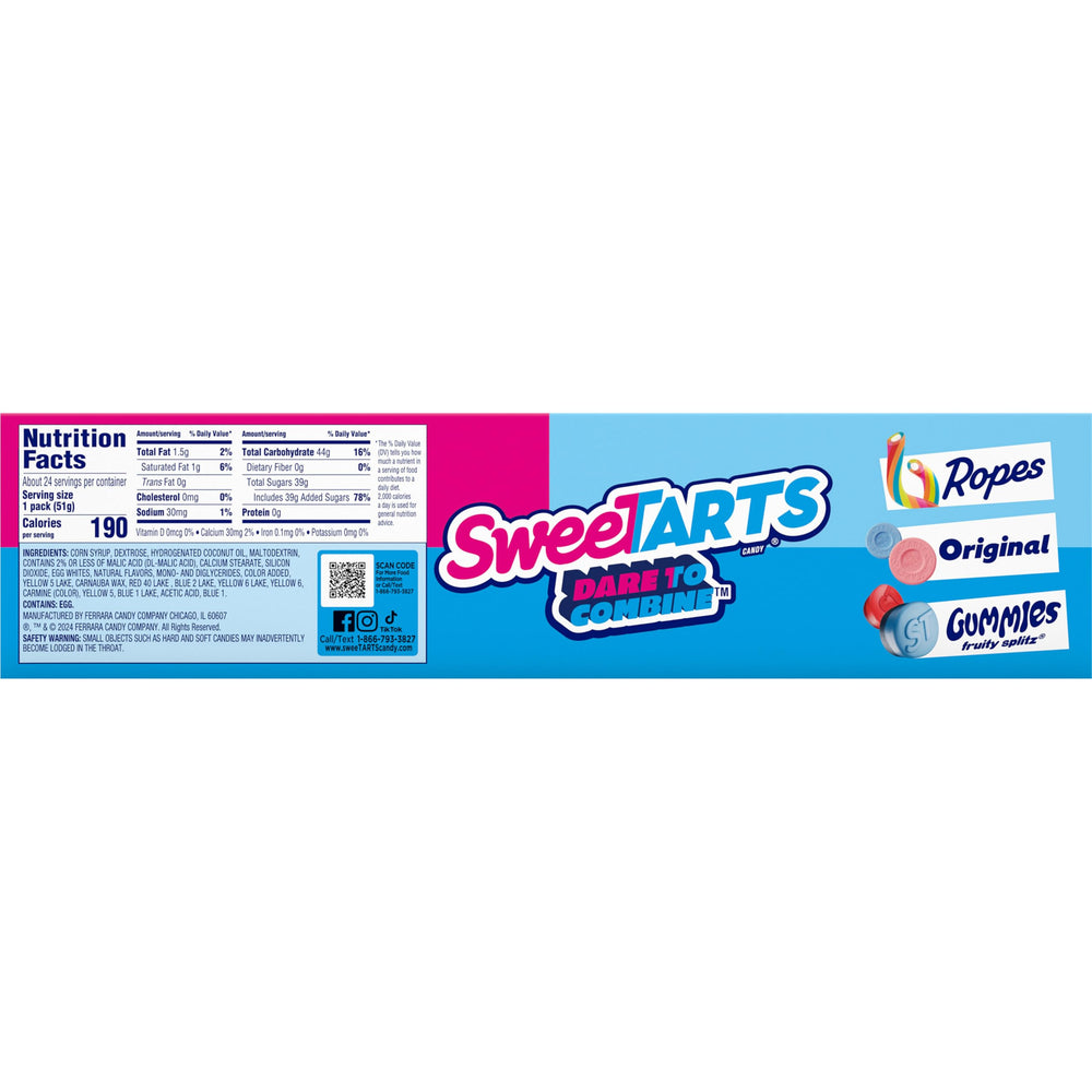 SweeTARTS pouch beside a travel bag showing on-the-go snacking suitability