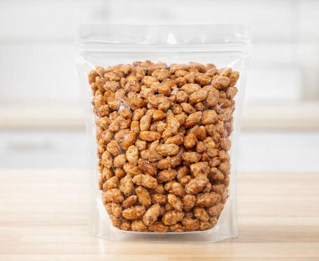 SweetGlob hand holding peanuts showing 2-pound portion scale and generosity