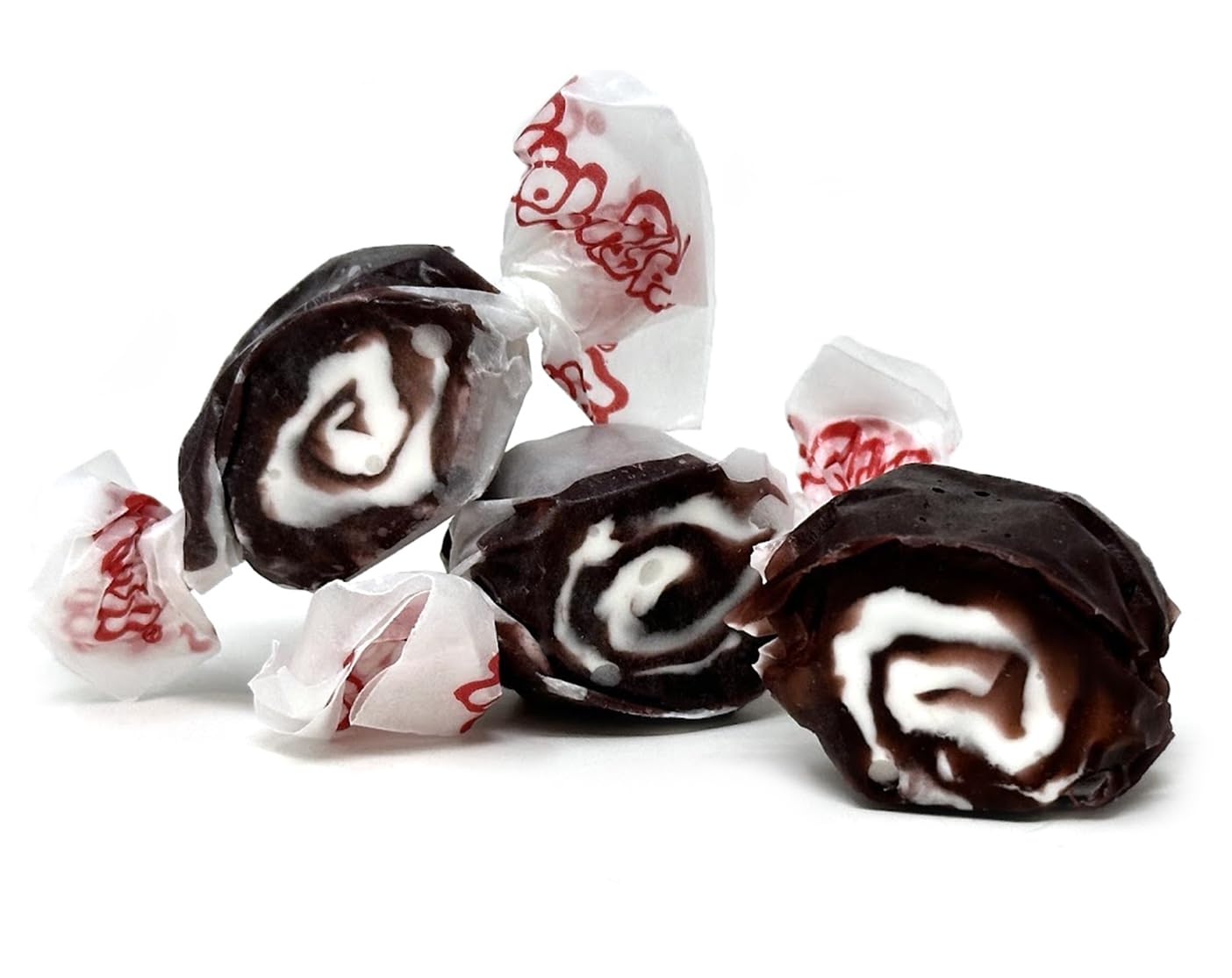 SweetGourmet close-up of black and white swirl taffy highlighting texture