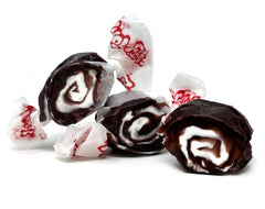 SweetGourmet close-up of black and white swirl taffy highlighting texture