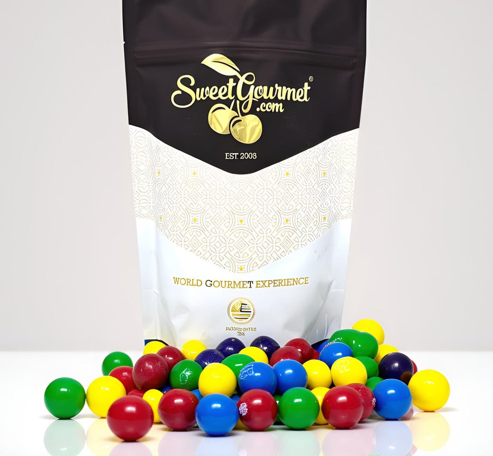 SweetGourmet single gumball next to a ruler showing one-inch size for portion control