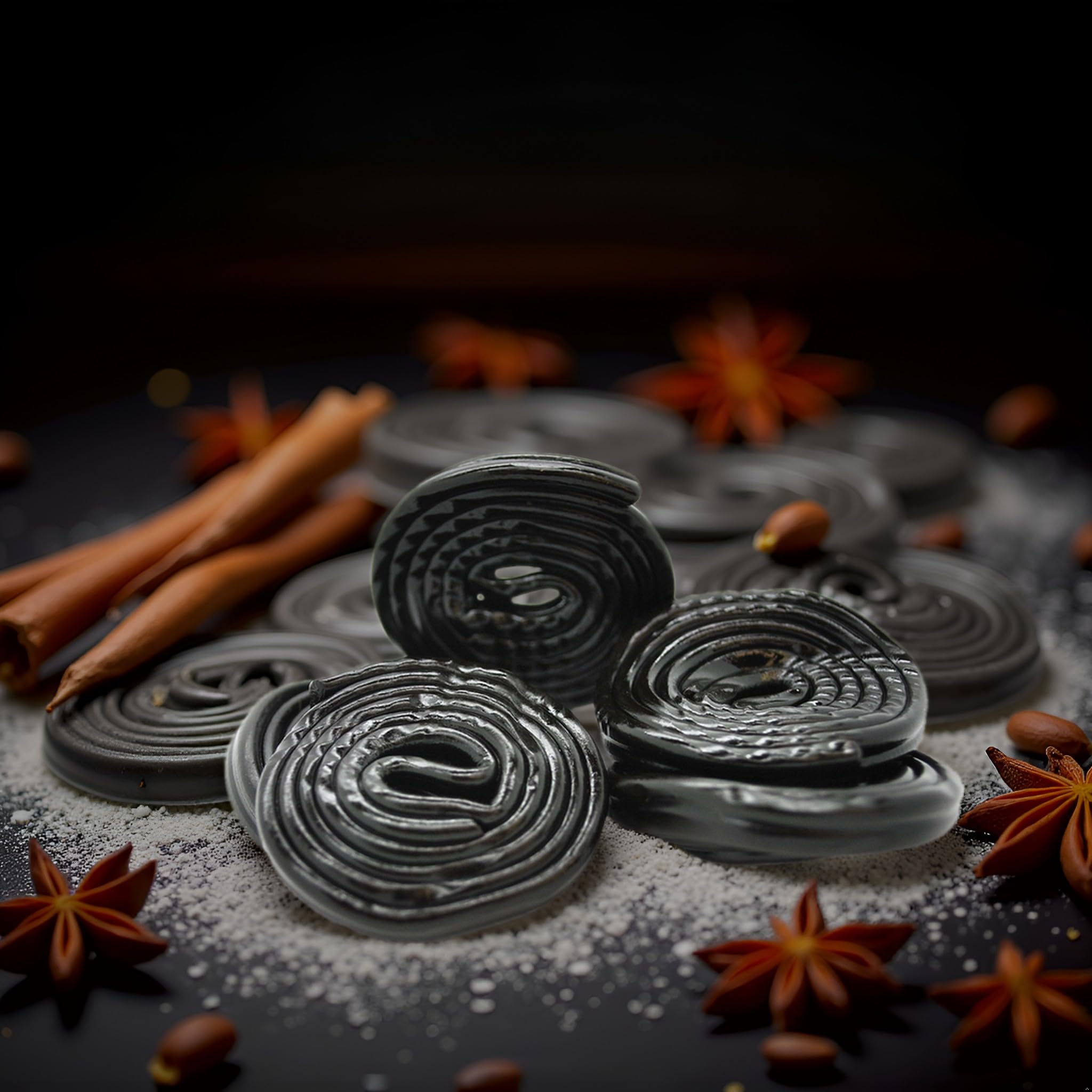 SweetGourmet pile of black licorice wheels displaying quantity and rich color