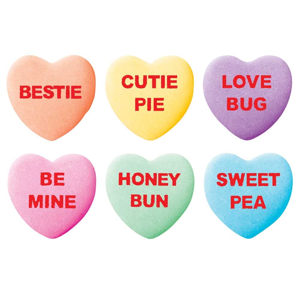 SWEETHEARTS close-up on pastel hearts with sayings showing readable messages