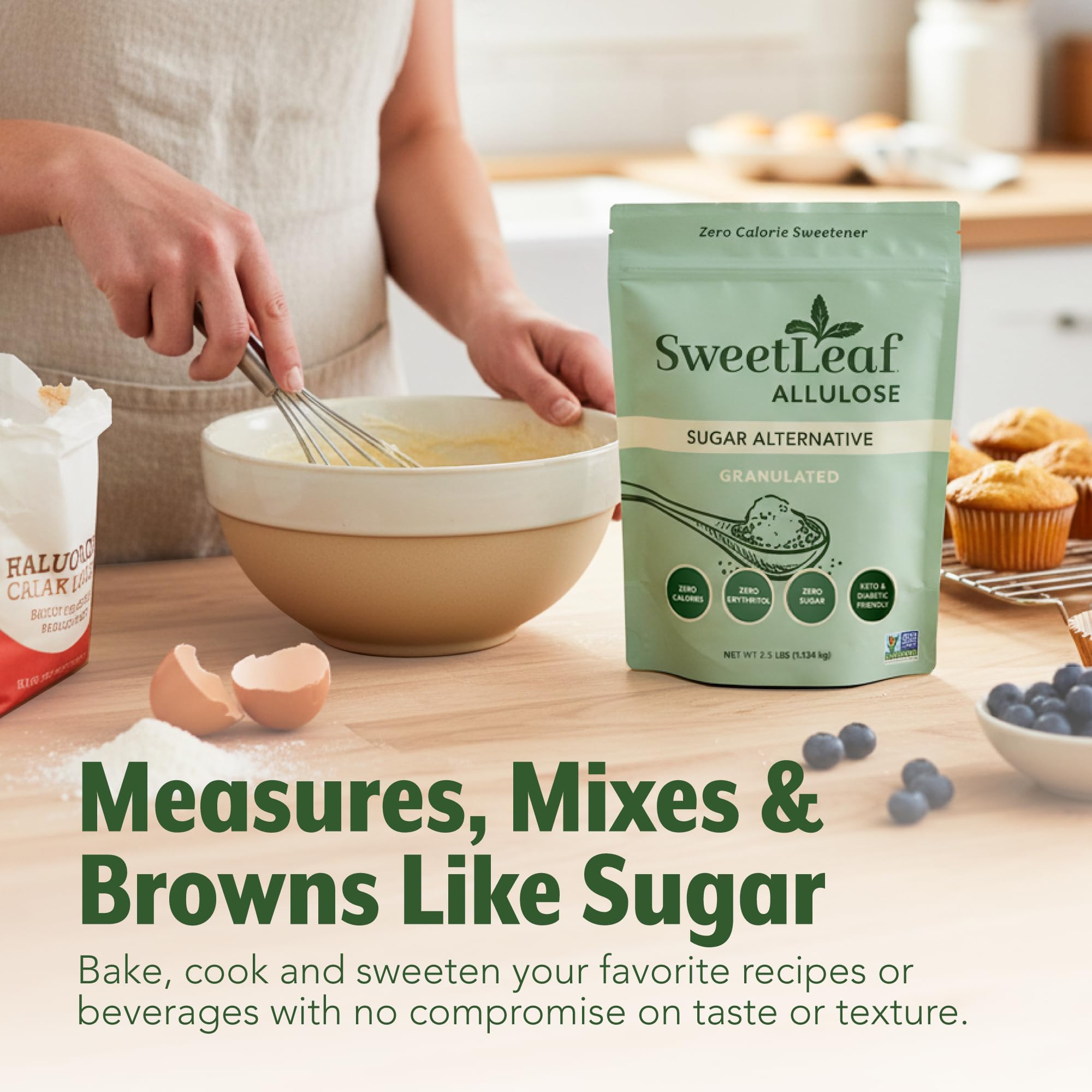 Measured scoop of SweetLeaf allulose demonstrating easy one-to-one substitution