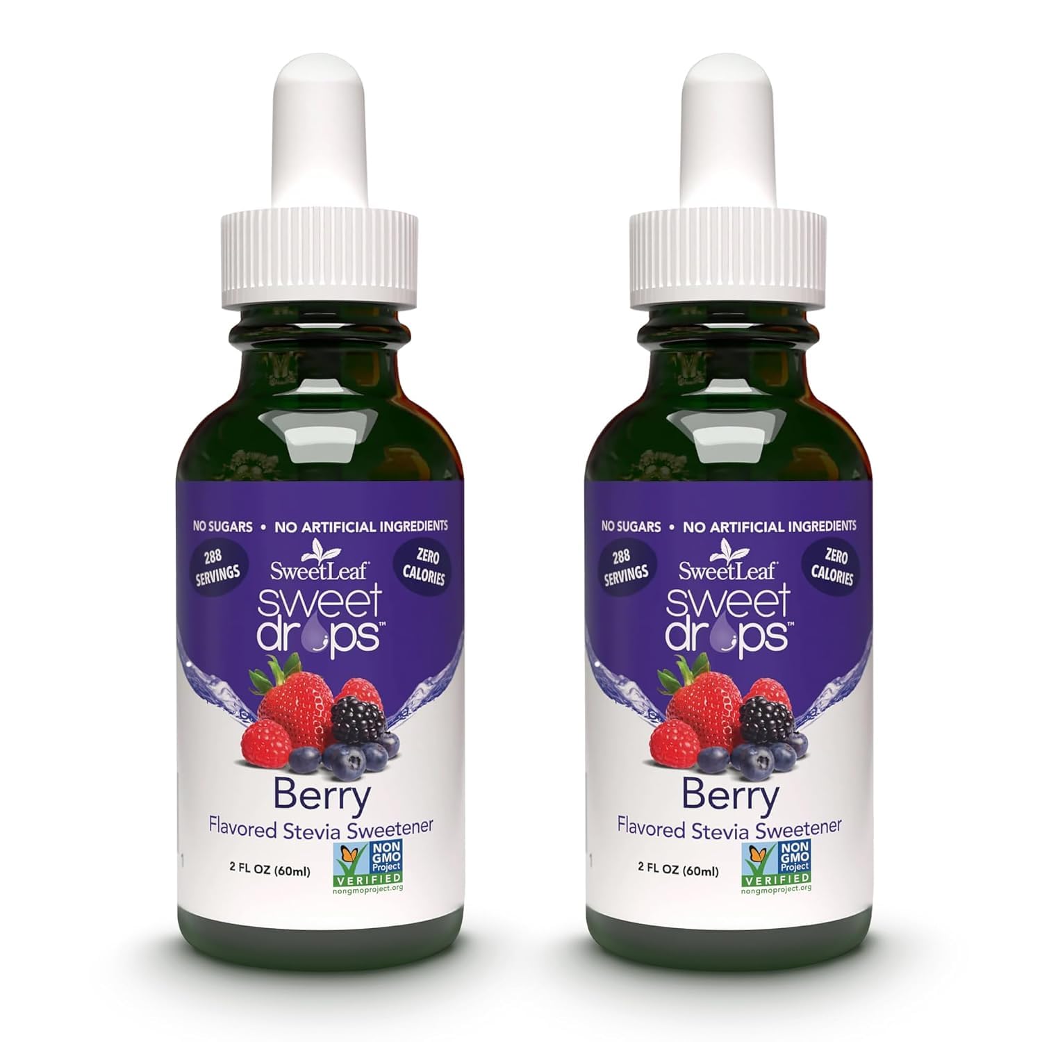 SweetLeaf front packaging showing berry liquid drops for zero-calorie sweetness
