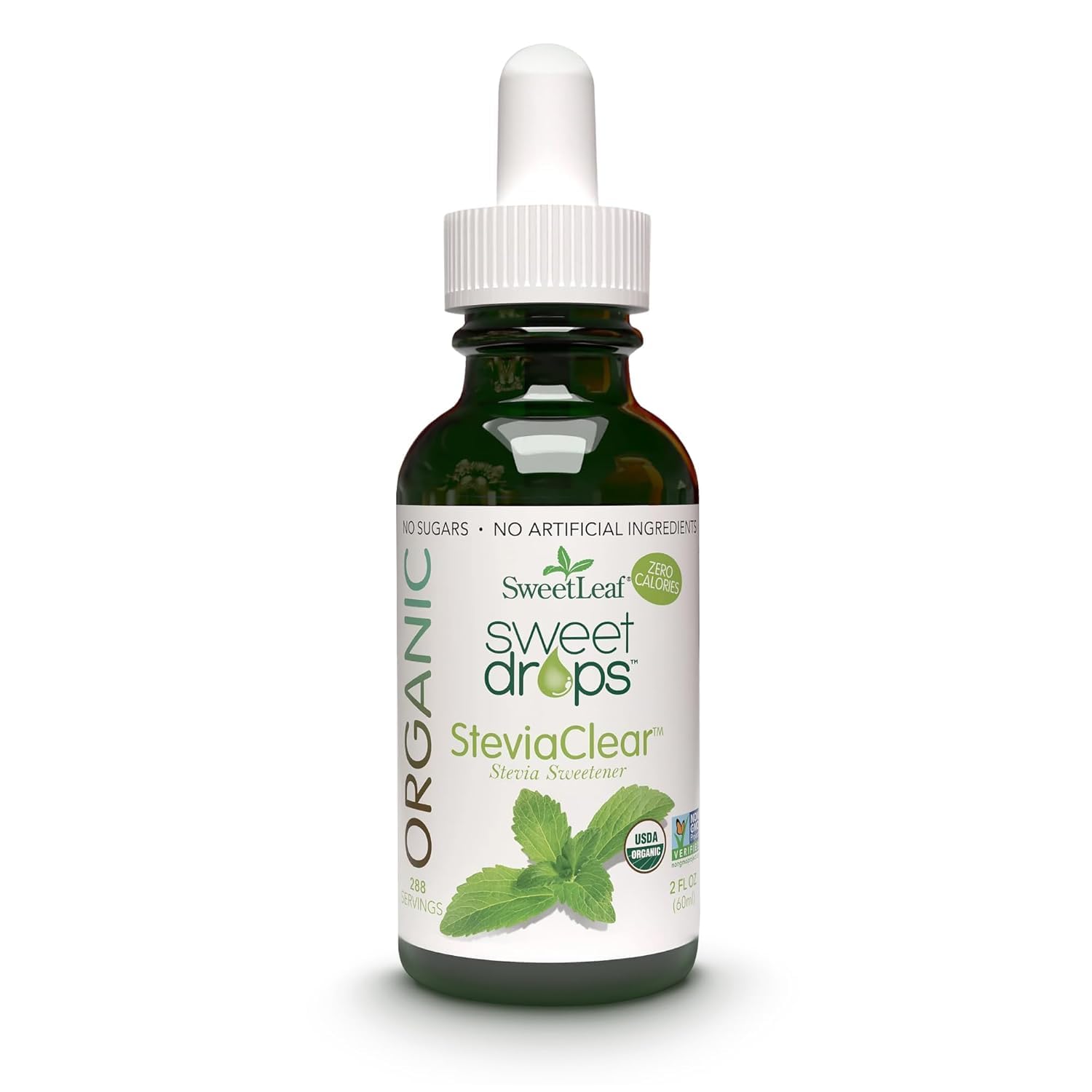 SweetLeaf bottle front view showing SteviaClear label and organic benefit