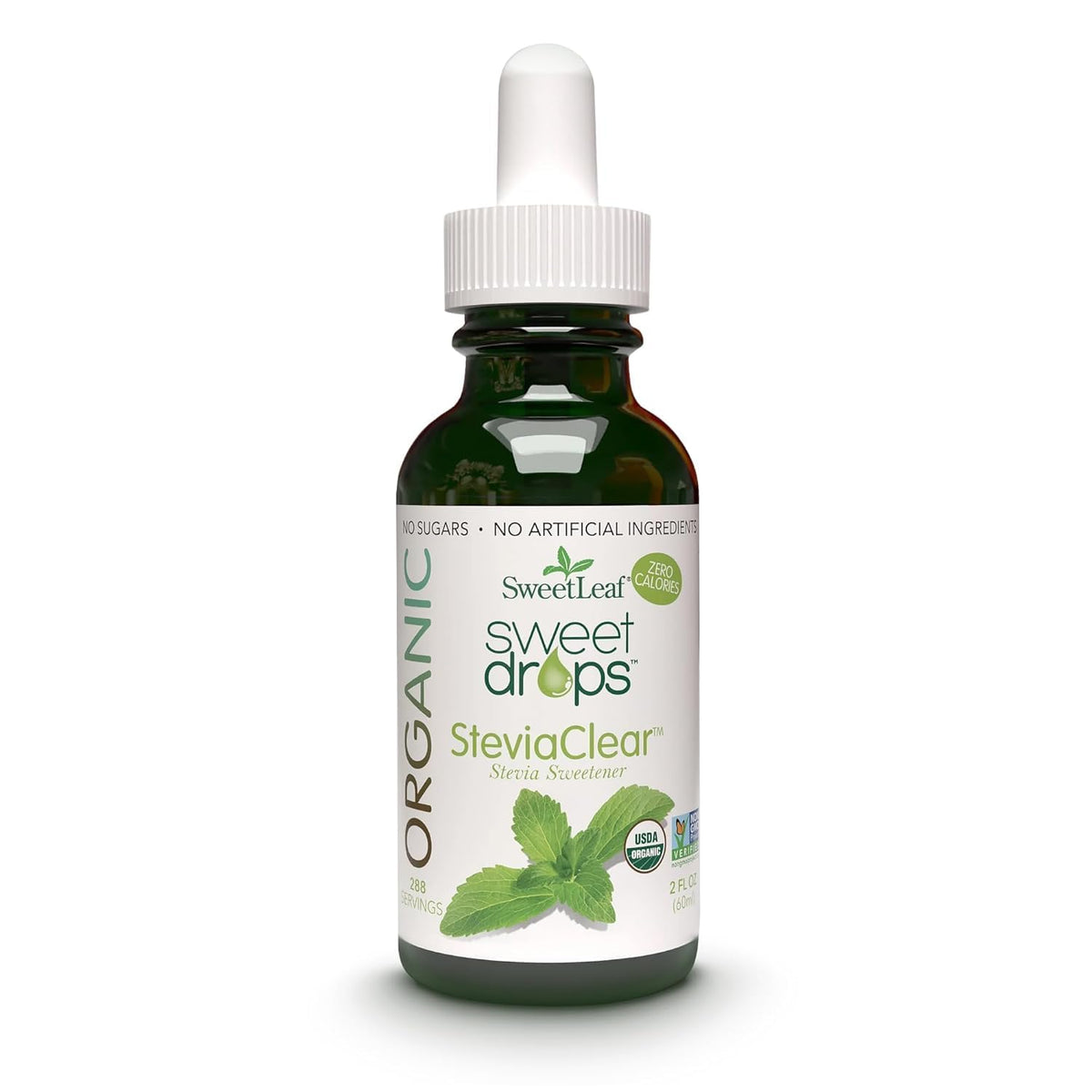 SweetLeaf bottle front view showing SteviaClear label and organic benefit