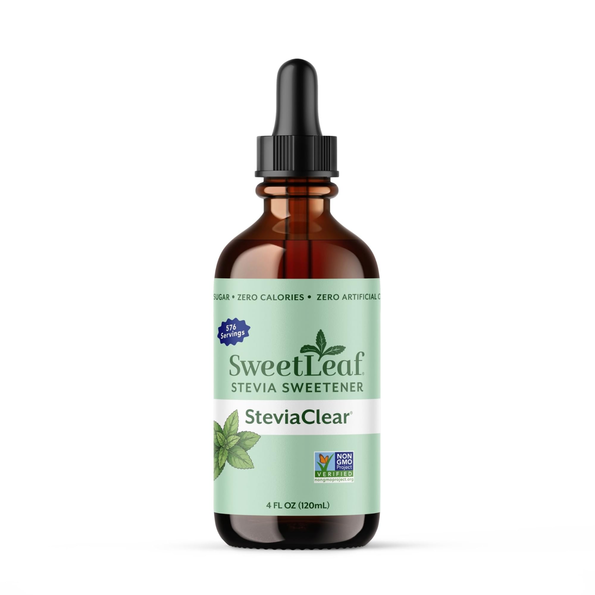 SweetLeaf bottle front view showing clear stevia and easy dosing benefit