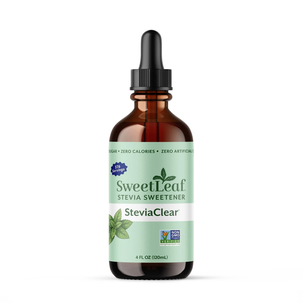 SweetLeaf bottle front view showing clear stevia and easy dosing benefit