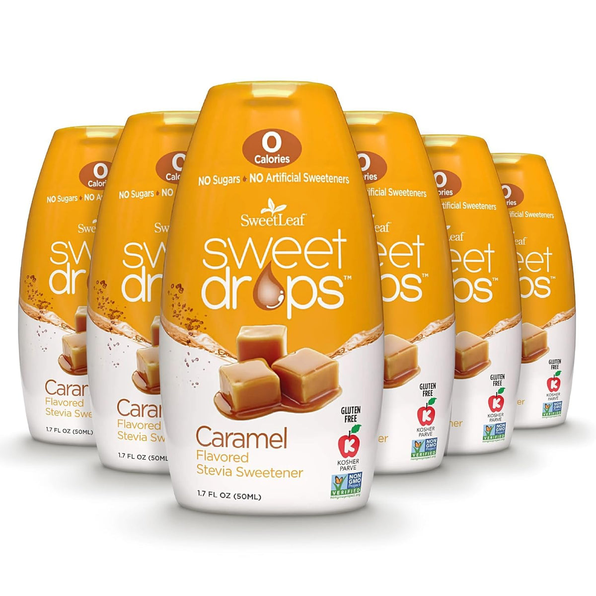 SweetLeaf bottle front packaging showing caramel flavor and zero calories benefit