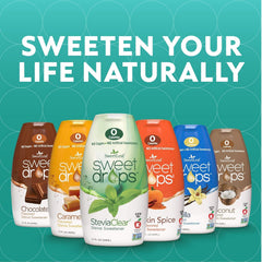 SweetLeaf caramel drops being added to coffee for instant flavored sweetness