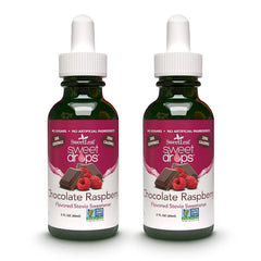 SweetLeaf front packaging showing chocolate raspberry flavor and compact bottle benefit