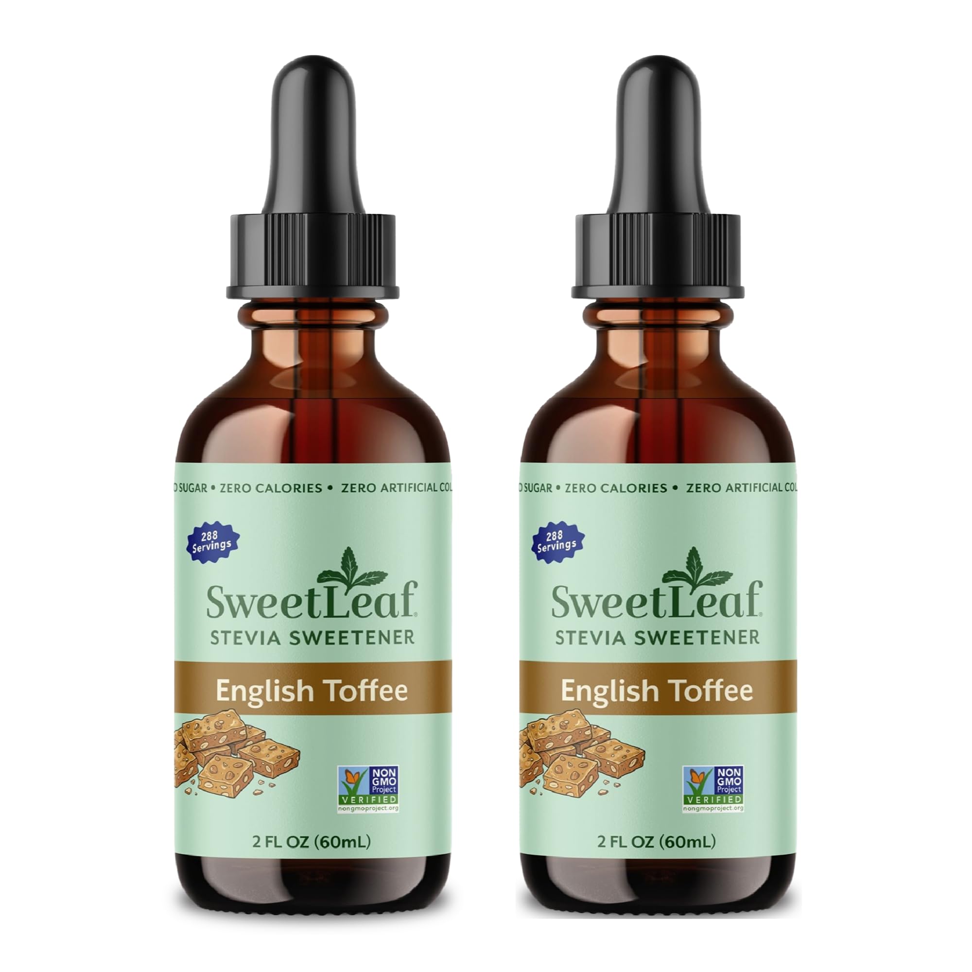SweetLeaf bottle front packaging showing English Toffee flavor and benefit of zero-calorie sweetness