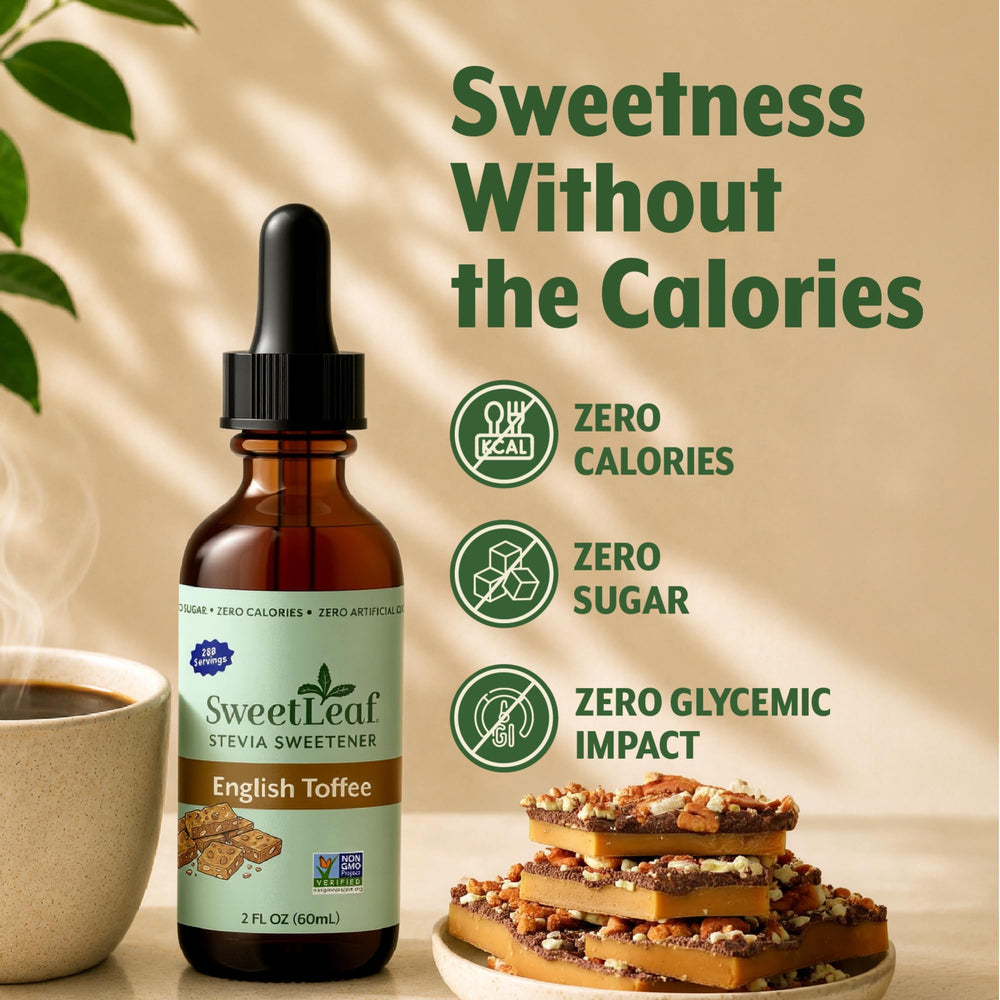 Cup of coffee sweetened with SweetLeaf English Toffee showing richer flavor without calories