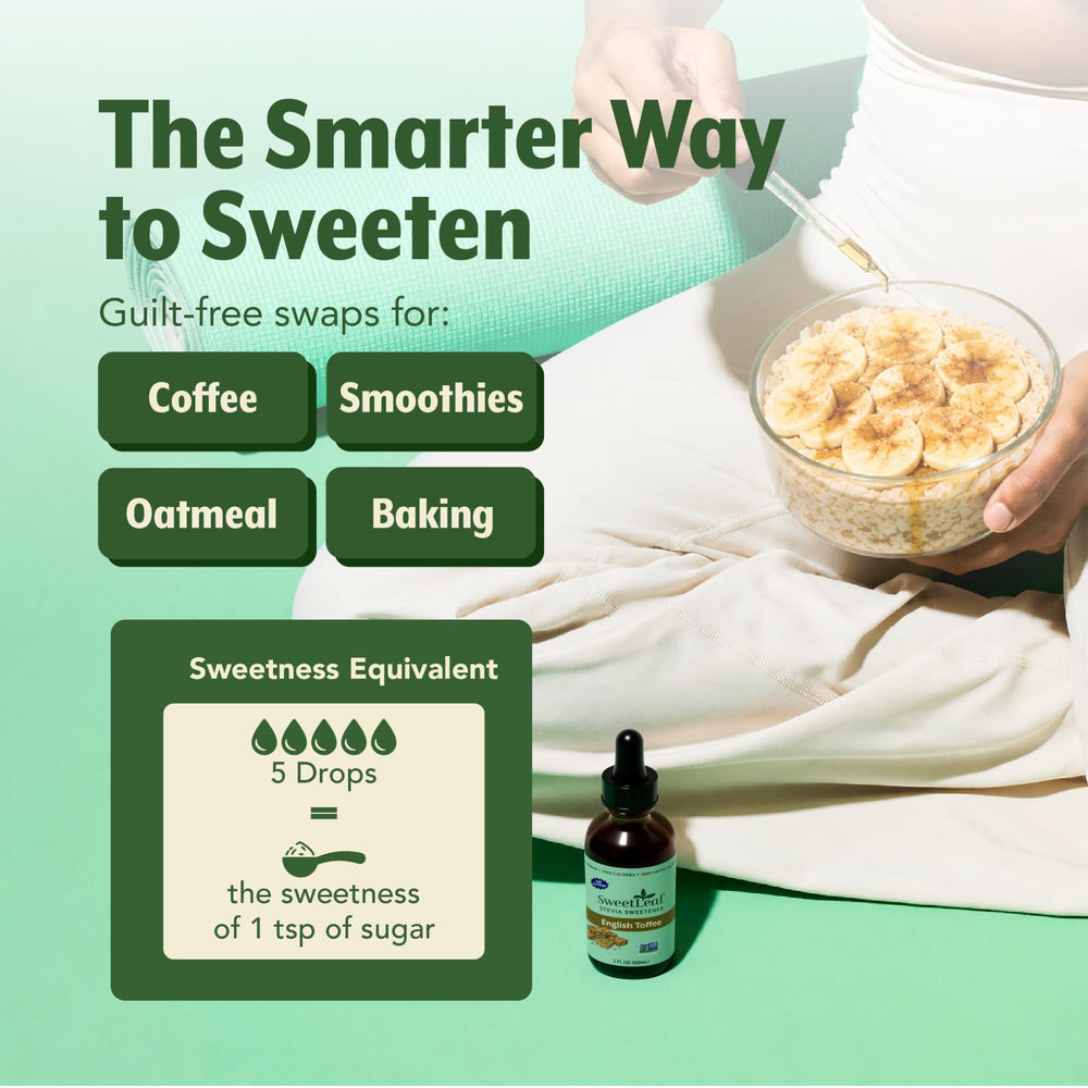 Creamy smoothie poured beside SweetLeaf bottle illustrating flavored sweetness with no added sugar