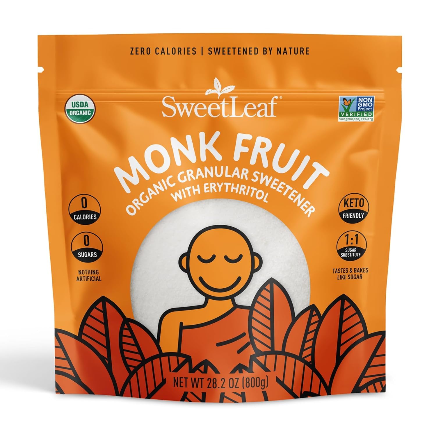 SweetLeaf front-of-bag showing product branding and size benefit