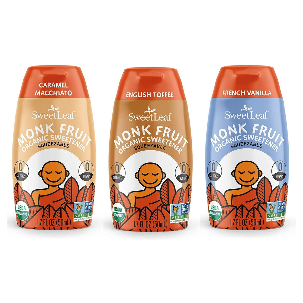 SweetLeaf front view of three 1.7 oz bottles showing variety and portability benefit