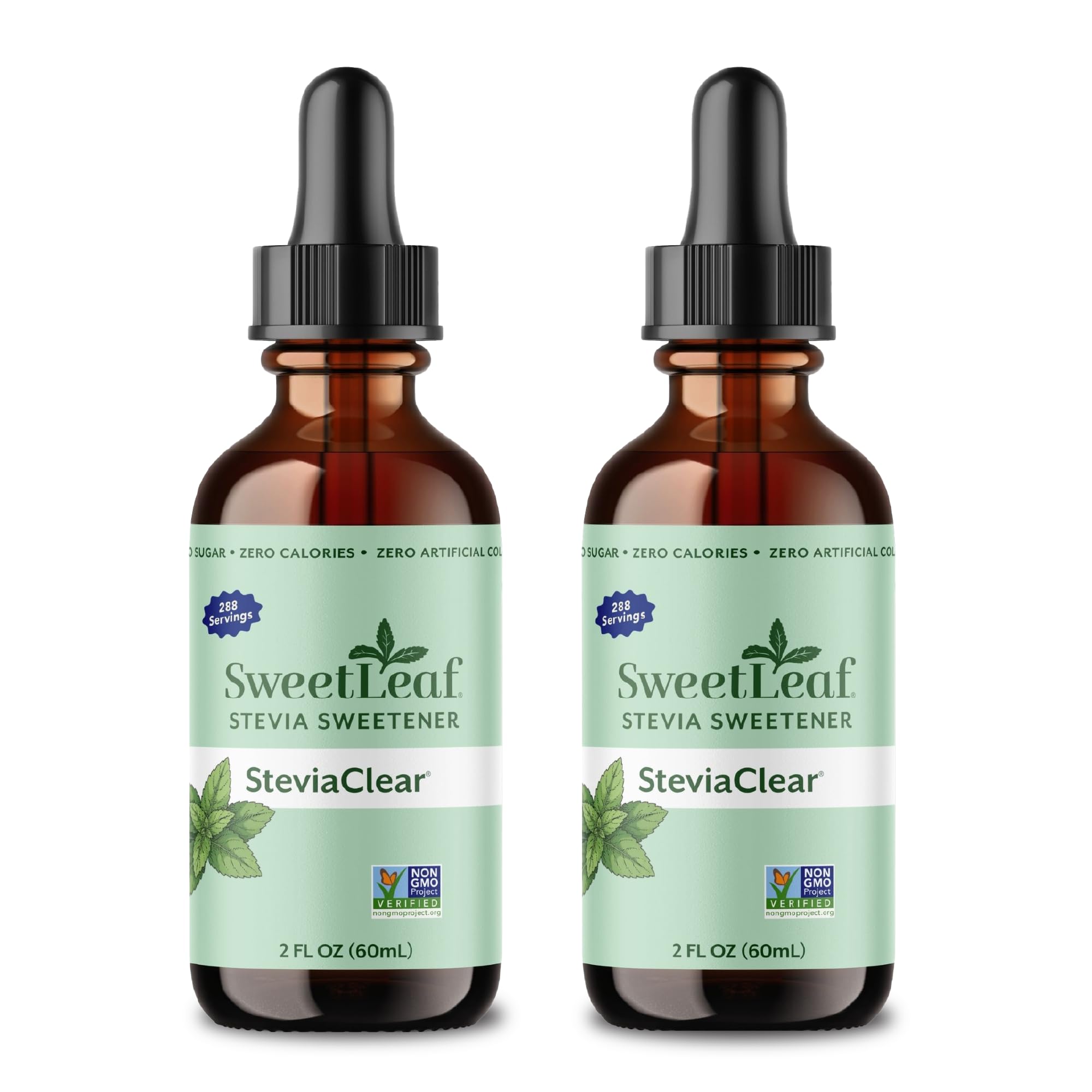 SweetLeaf front packaging showing two 2 fl oz bottles and product benefit