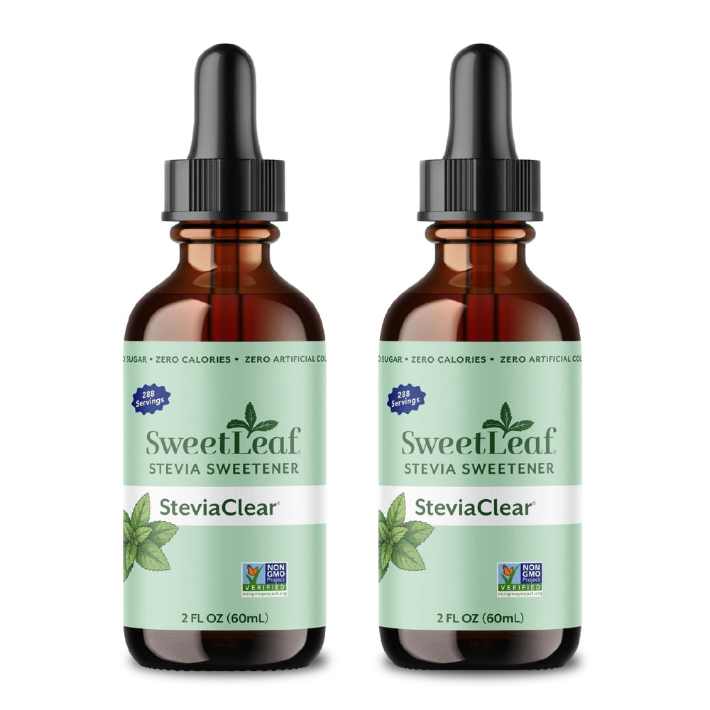SweetLeaf front packaging showing two 2 fl oz bottles and product benefit
