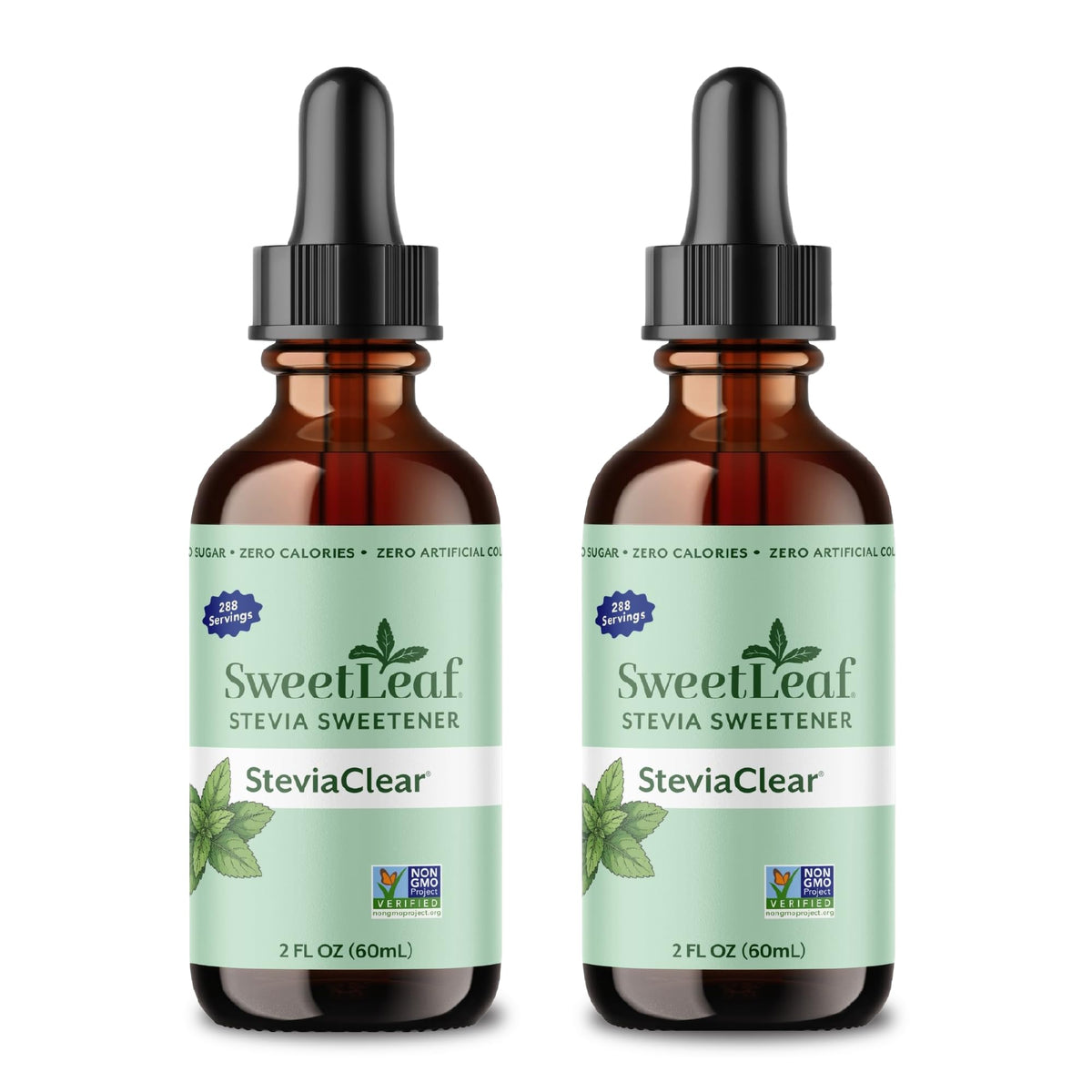SweetLeaf front packaging showing two 2 fl oz bottles and product benefit