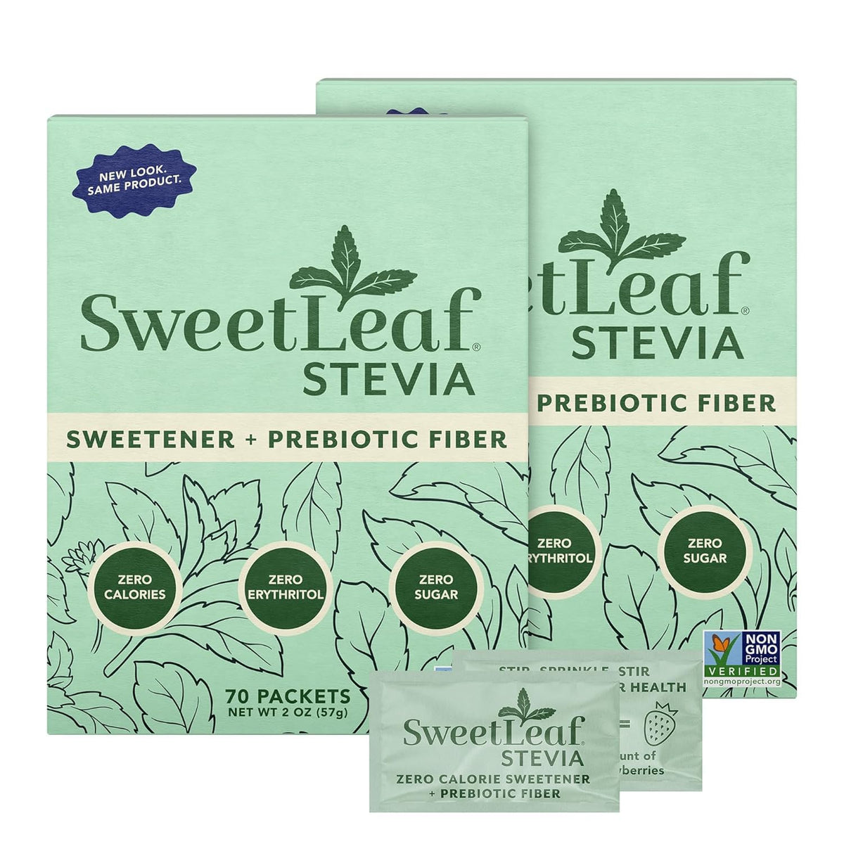 SweetLeaf front packaging showing two-box value pack and packet count benefit