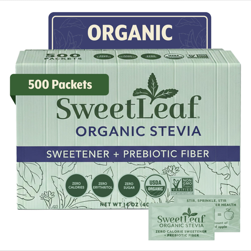 SweetLeaf front view of bulk 500 packets showing brand and quantity benefit