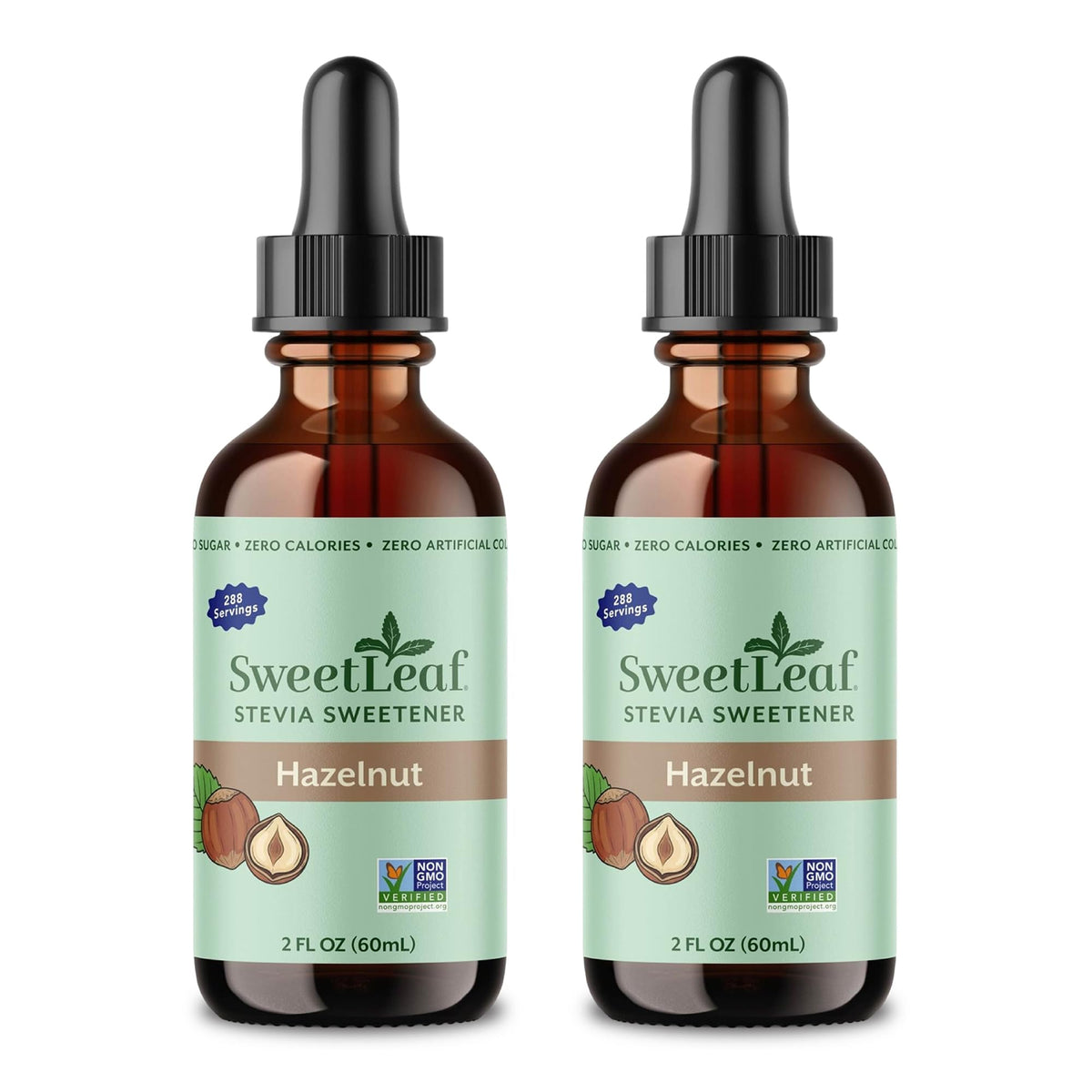 SweetLeaf front packaging showing two 2 fl oz bottles and benefits