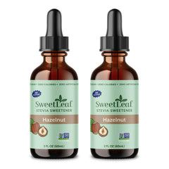 SweetLeaf front packaging showing two 2 fl oz bottles and benefits