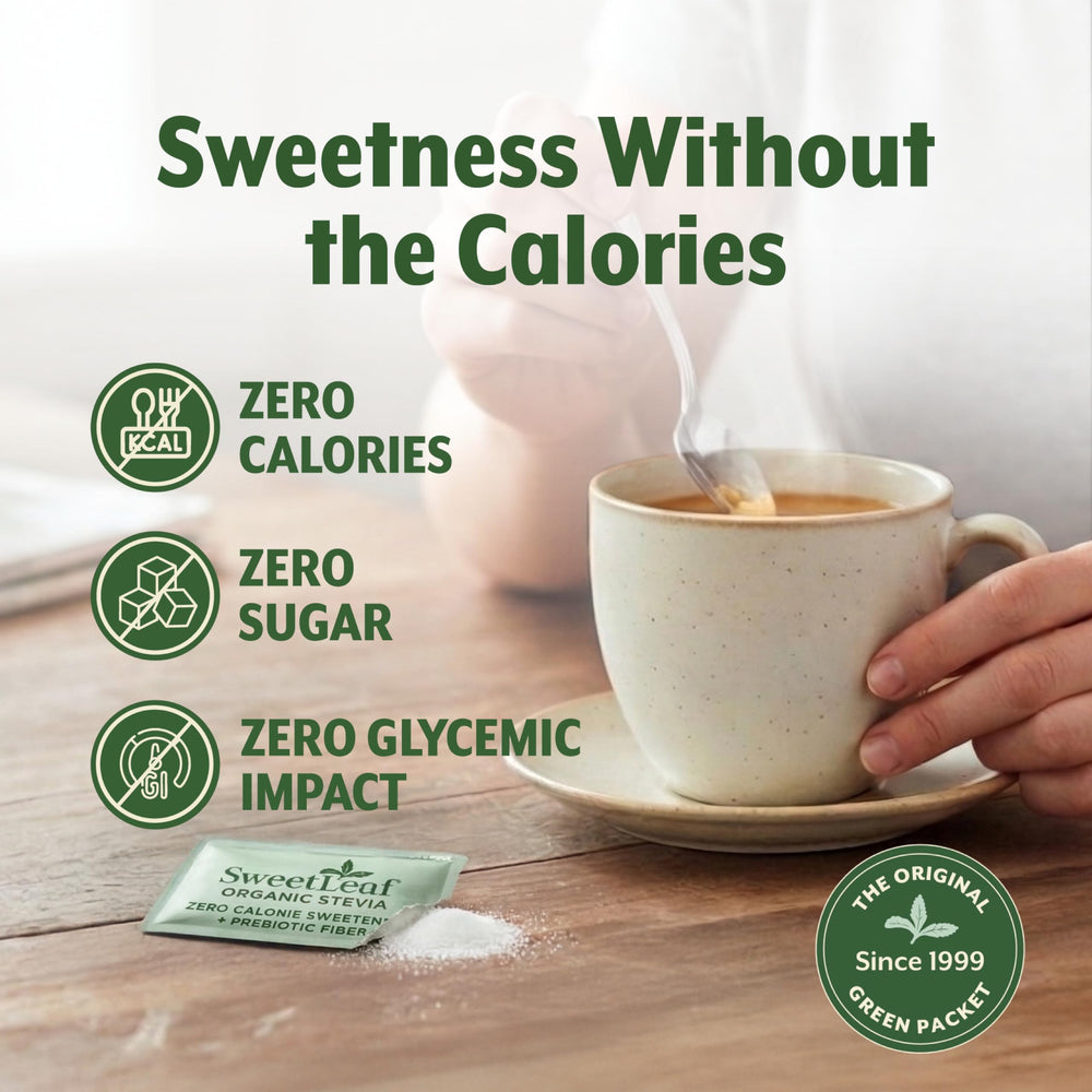 SweetLeaf stevia packet dissolved in coffee showing consistent sweetness benefit