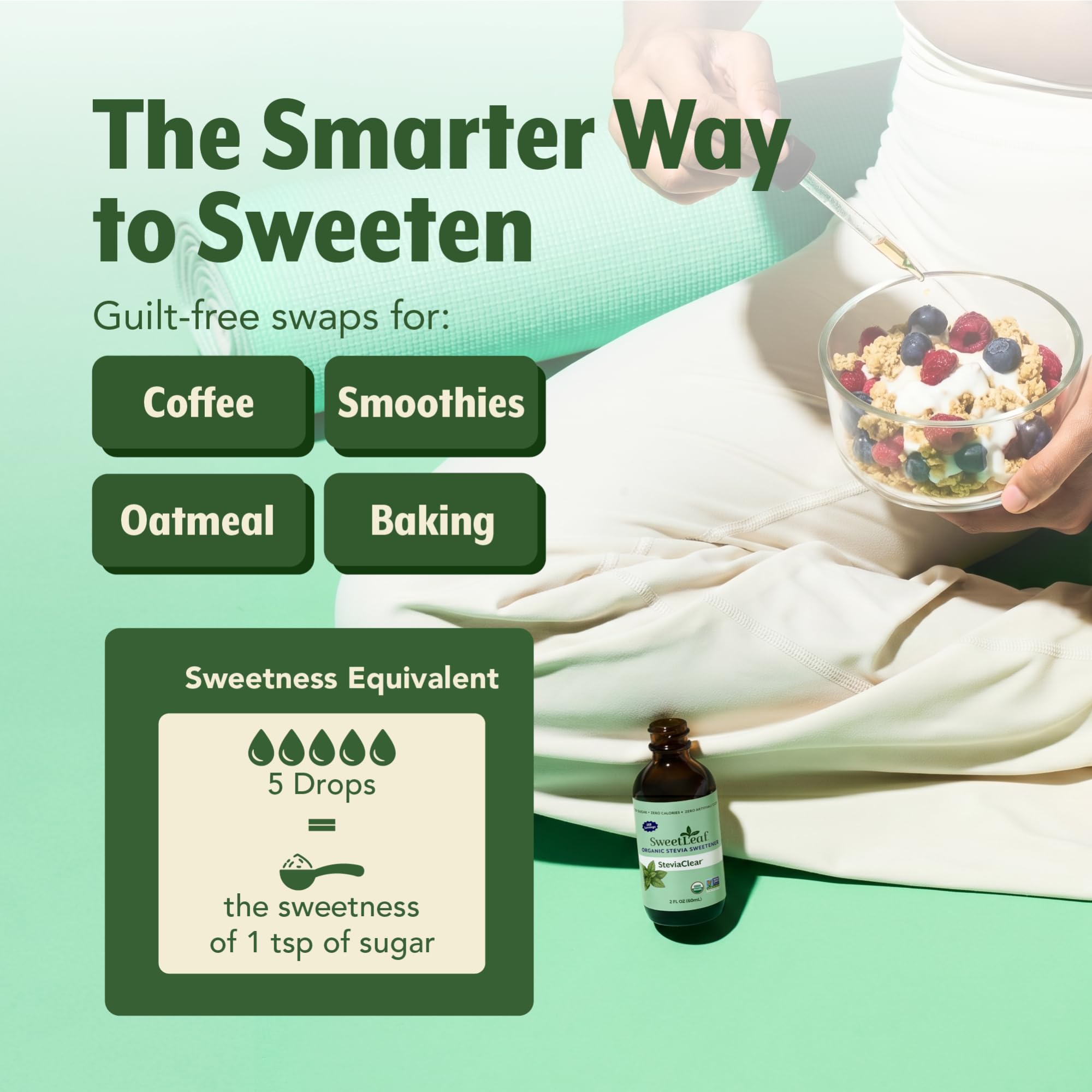 SweetLeaf drops added to a smoothie glass showing flavor enhancement benefit