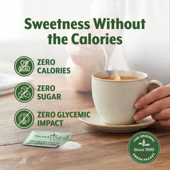 SweetLeaf packet being poured into coffee showing fast-dissolve benefit for hot drinks