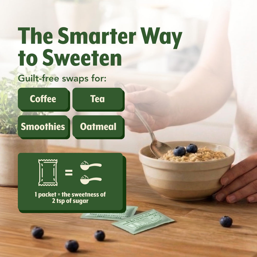 Stack of SweetLeaf packets on a café counter showing convenience for service