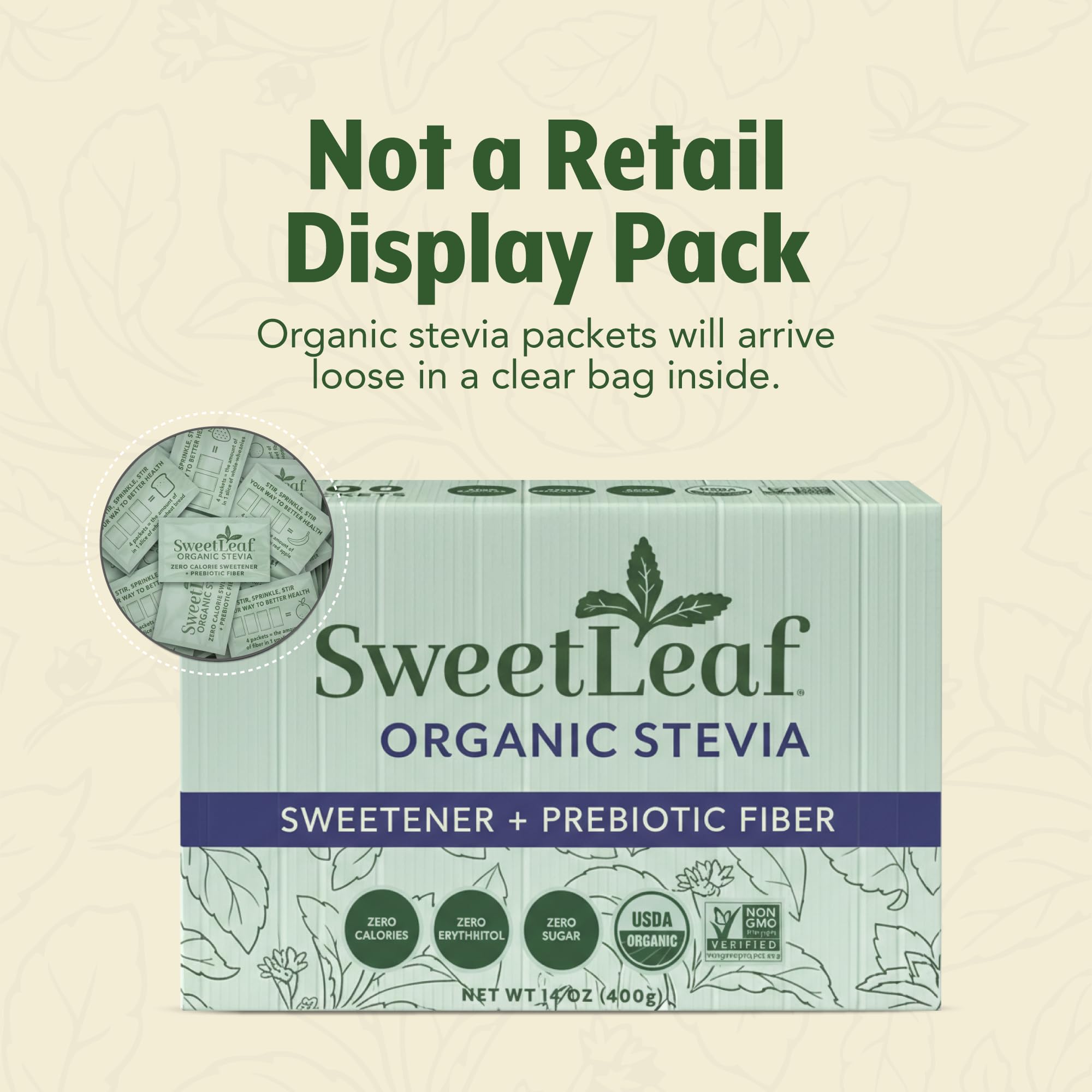 Bulk storage box of SweetLeaf packets for foodservice efficiency and supply