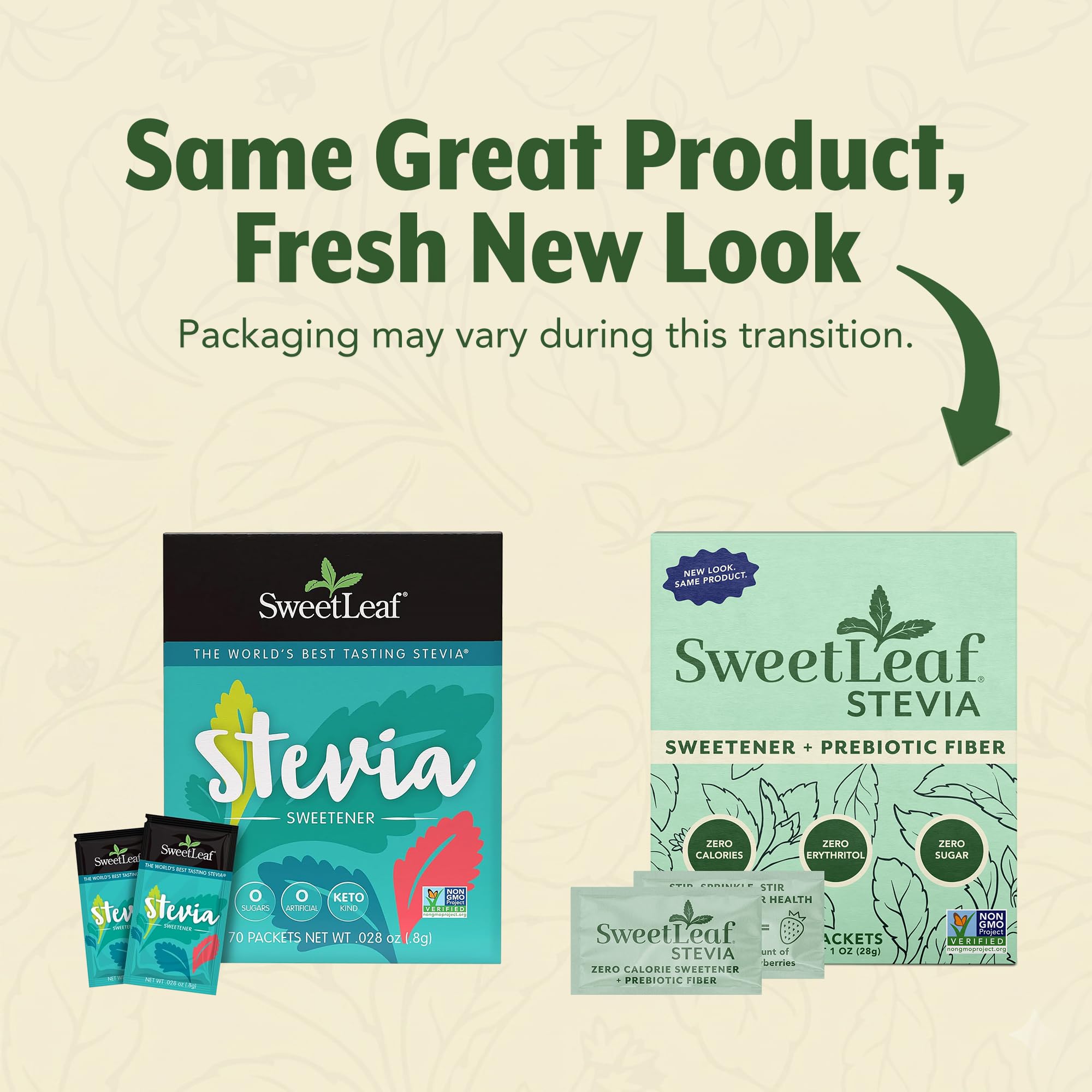 SweetLeaf single packet close-up highlighting tear notch for fast, mess-free use