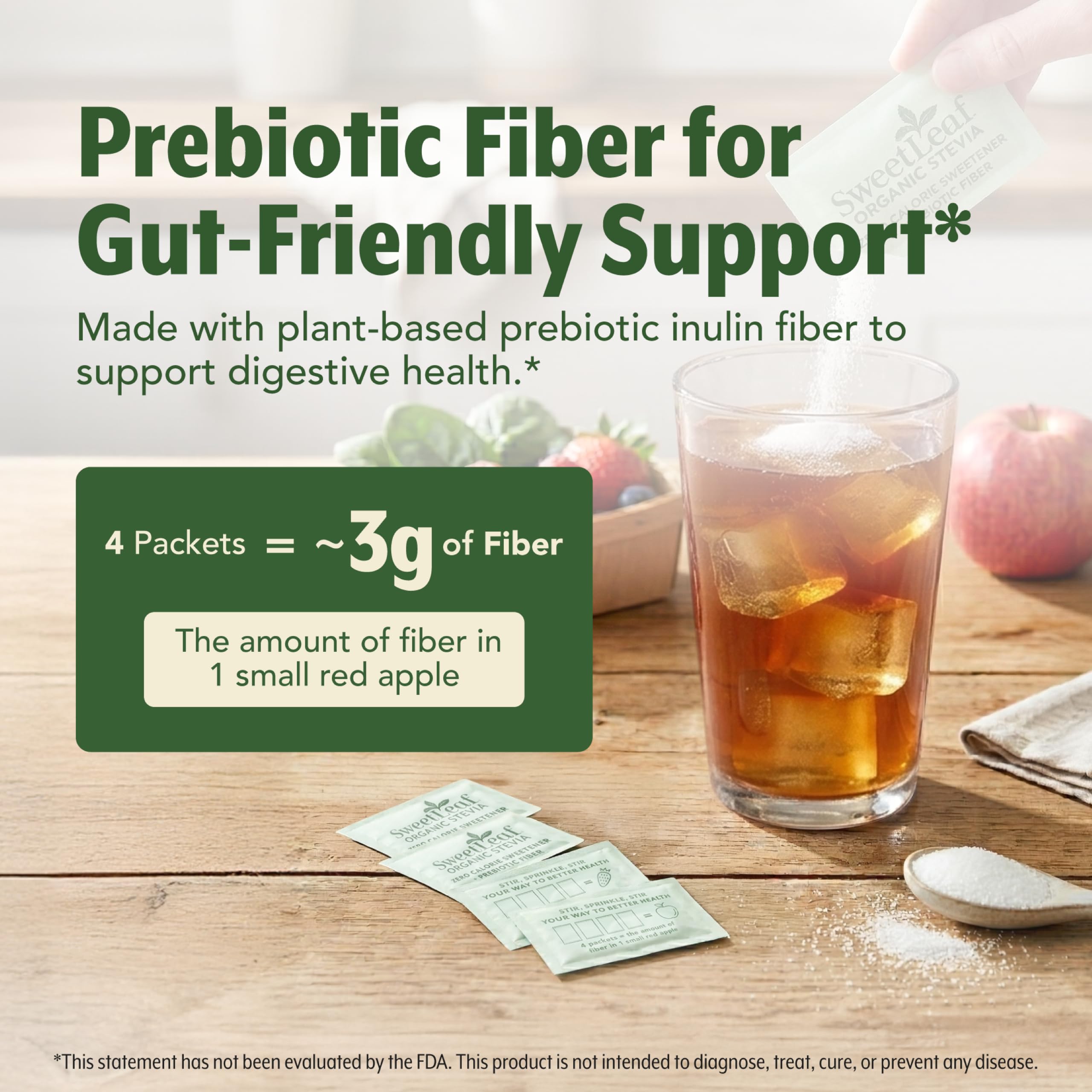 Smoothie with SweetLeaf packet indicating natural sweetness without calories