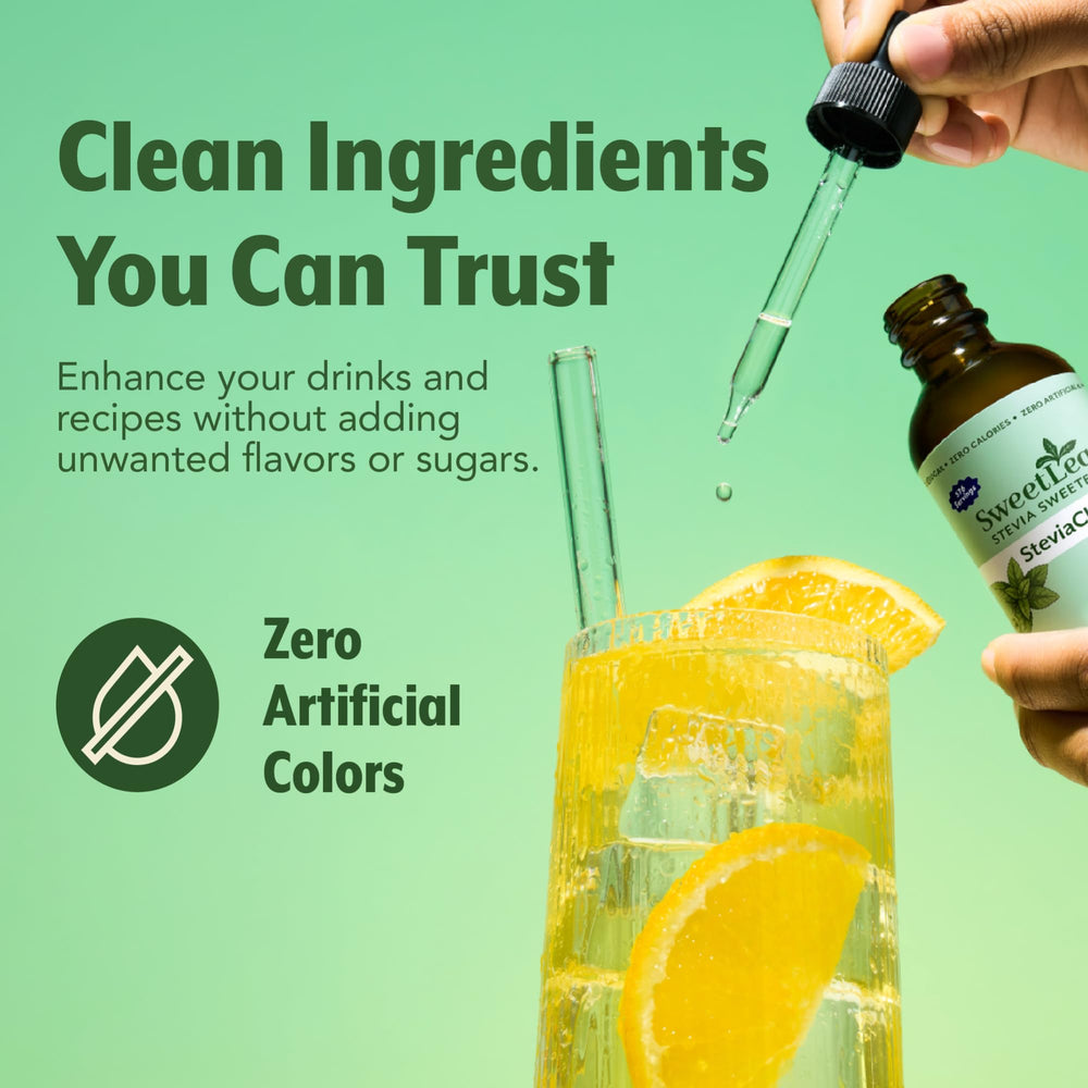 SweetLeaf SteviaClear drops on a spoon showing clear texture and easy mixing