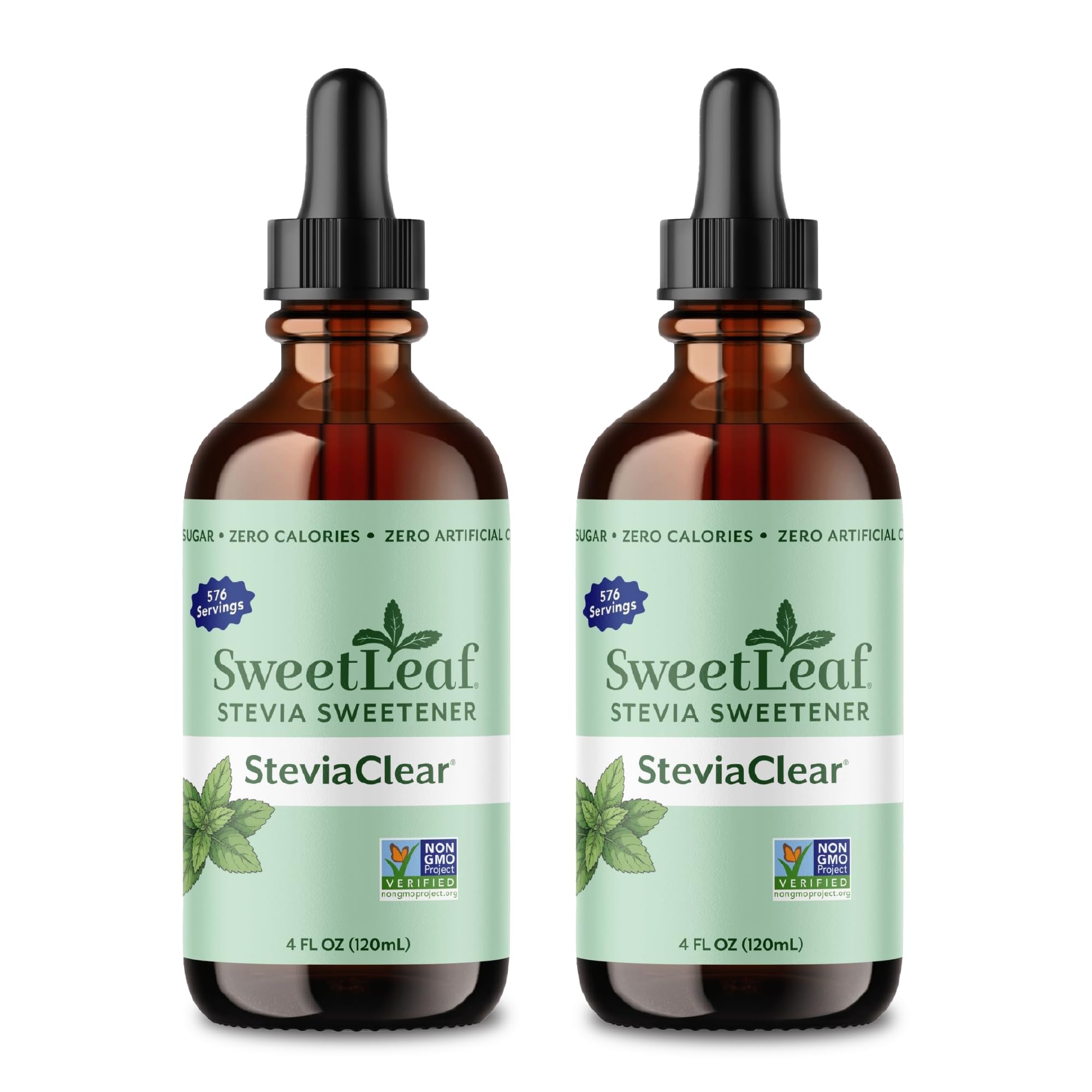 SweetLeaf SteviaClear front packaging showing two 4 fl oz bottles and branding benefit